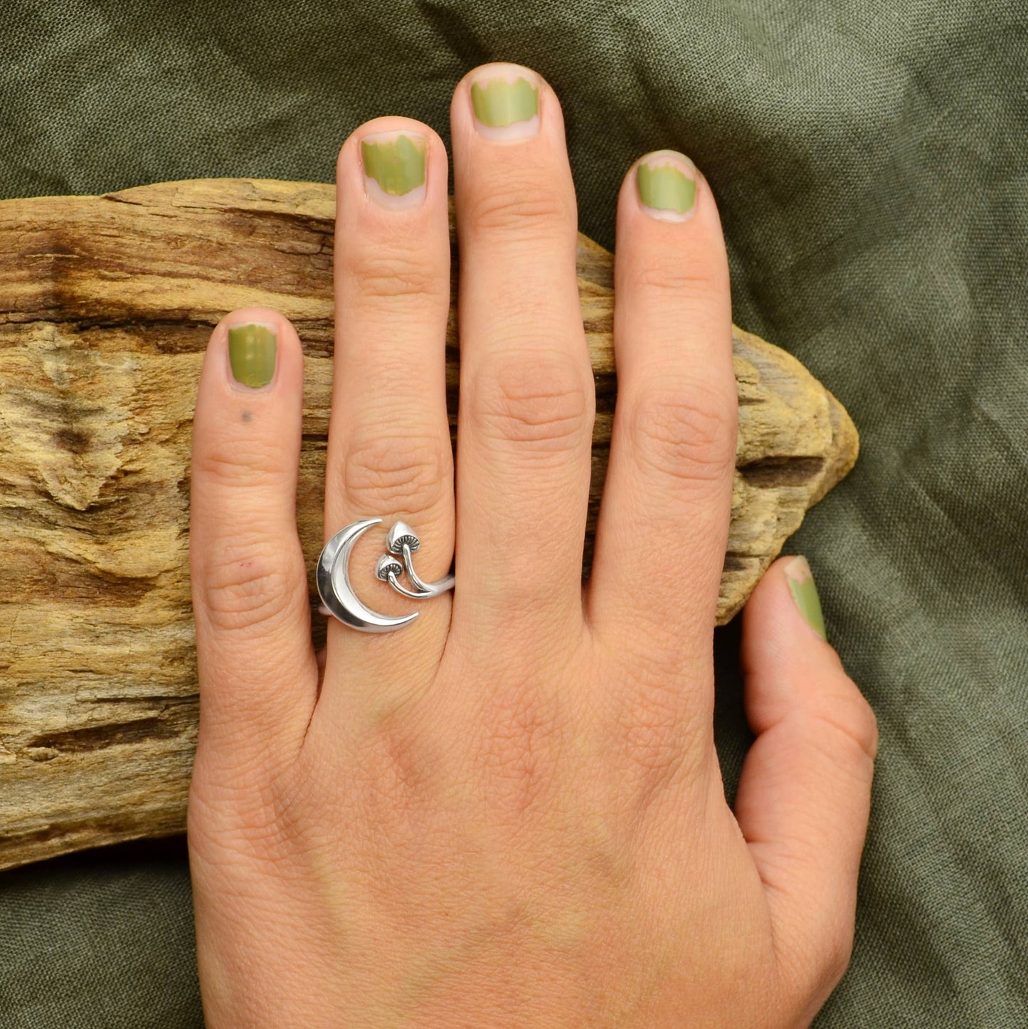 nina designs fair trade sterling moon & mushroom adjustable boho ring