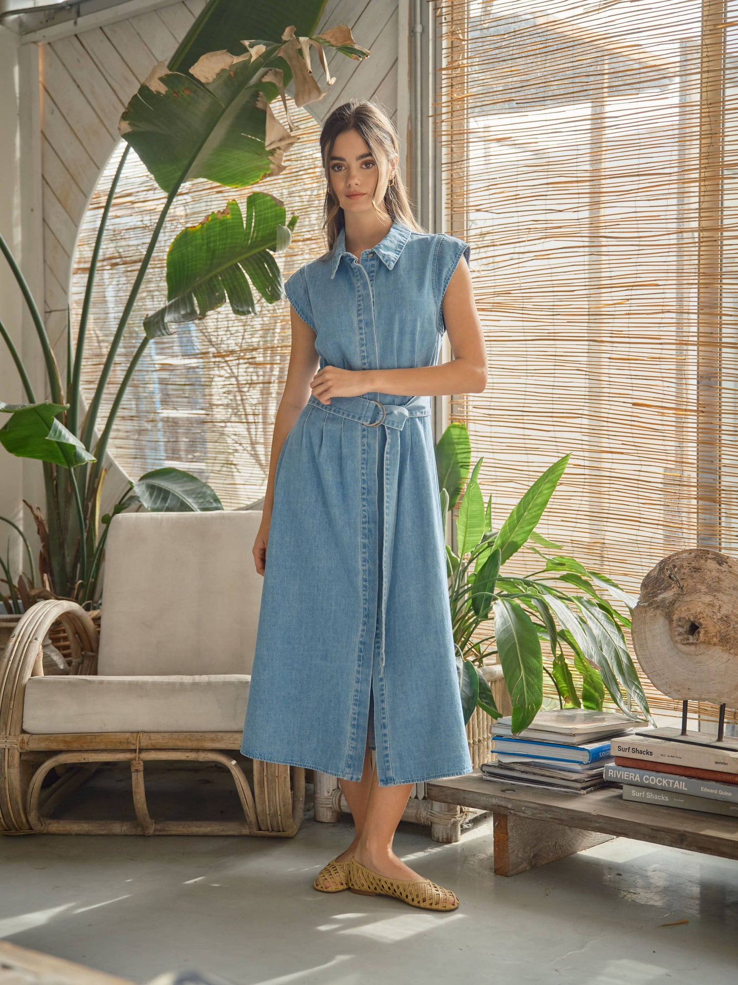 button down denim midi