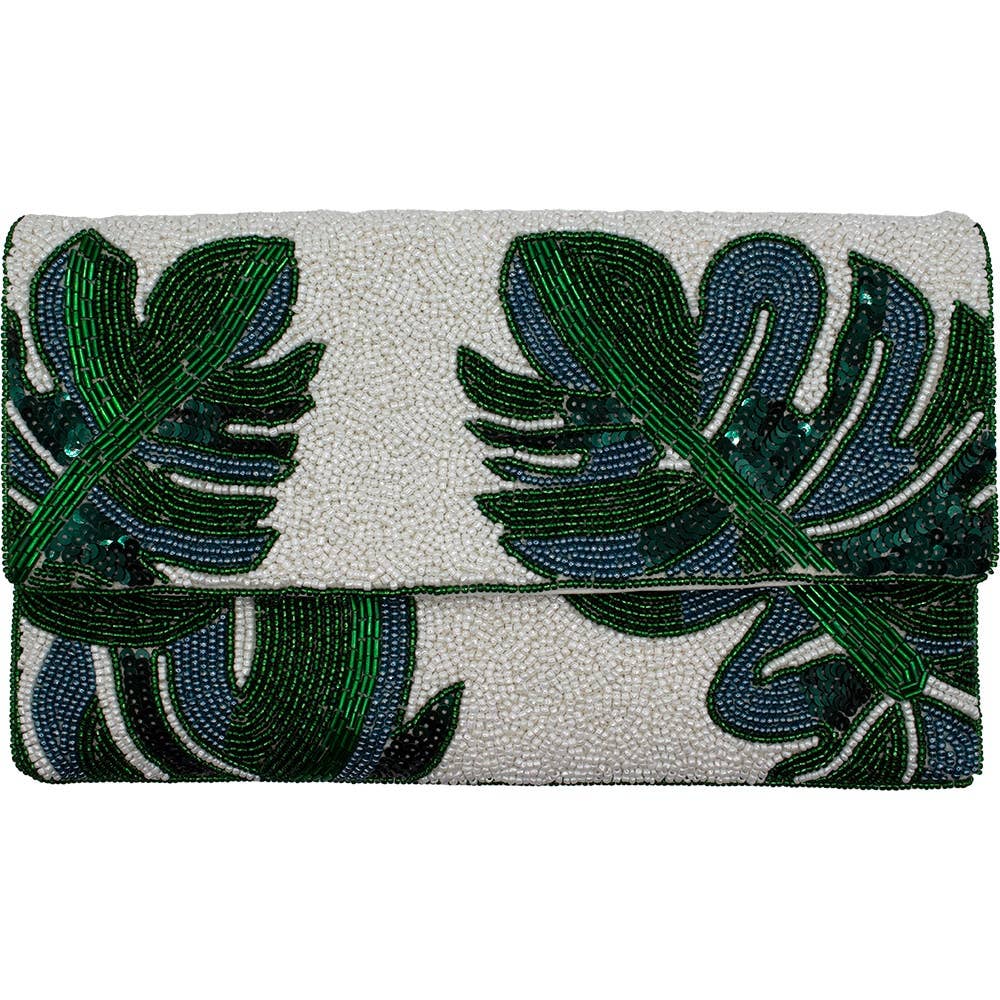 palm leaf beaded clutch