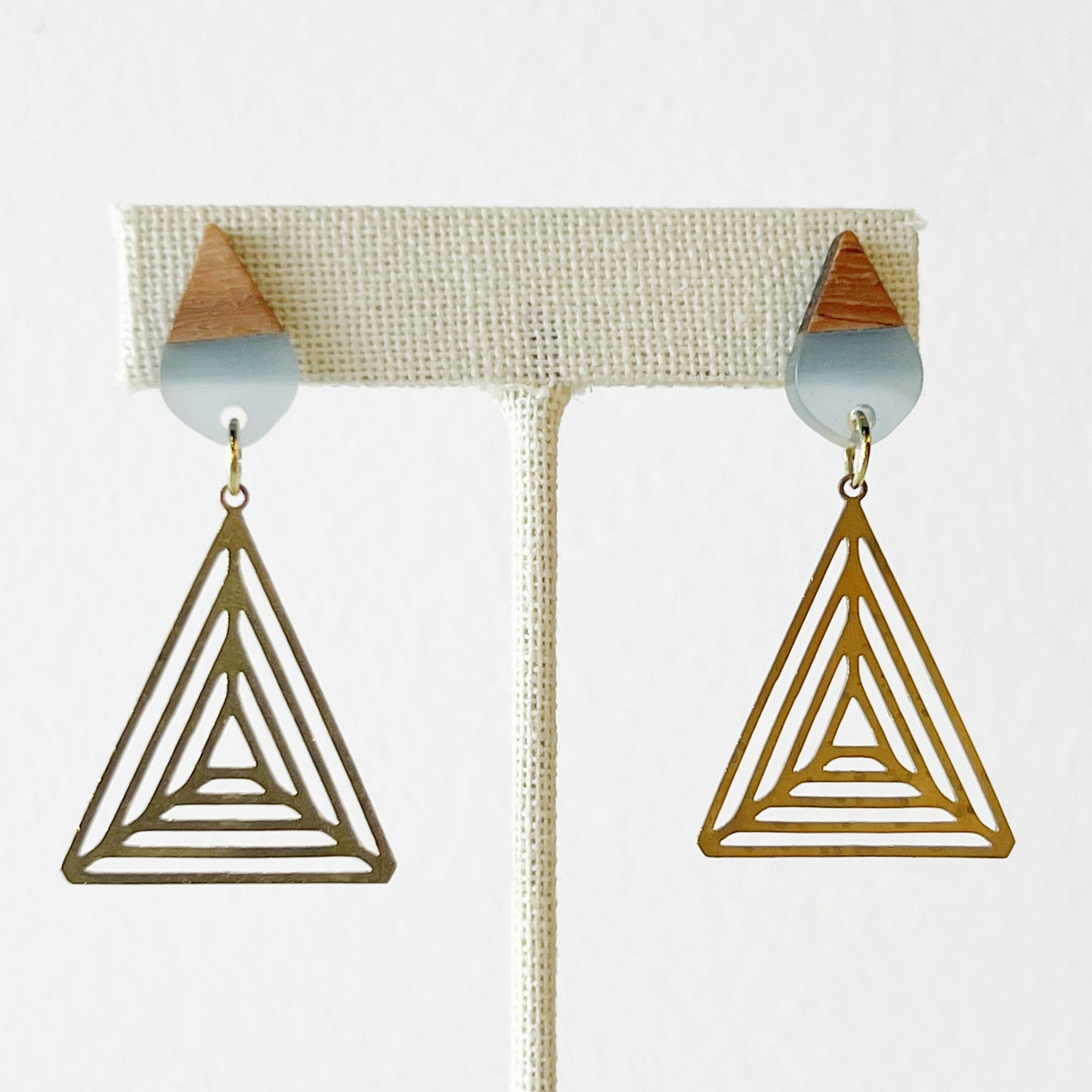 acetate and wood stud infinite triangle brass pendant earrings