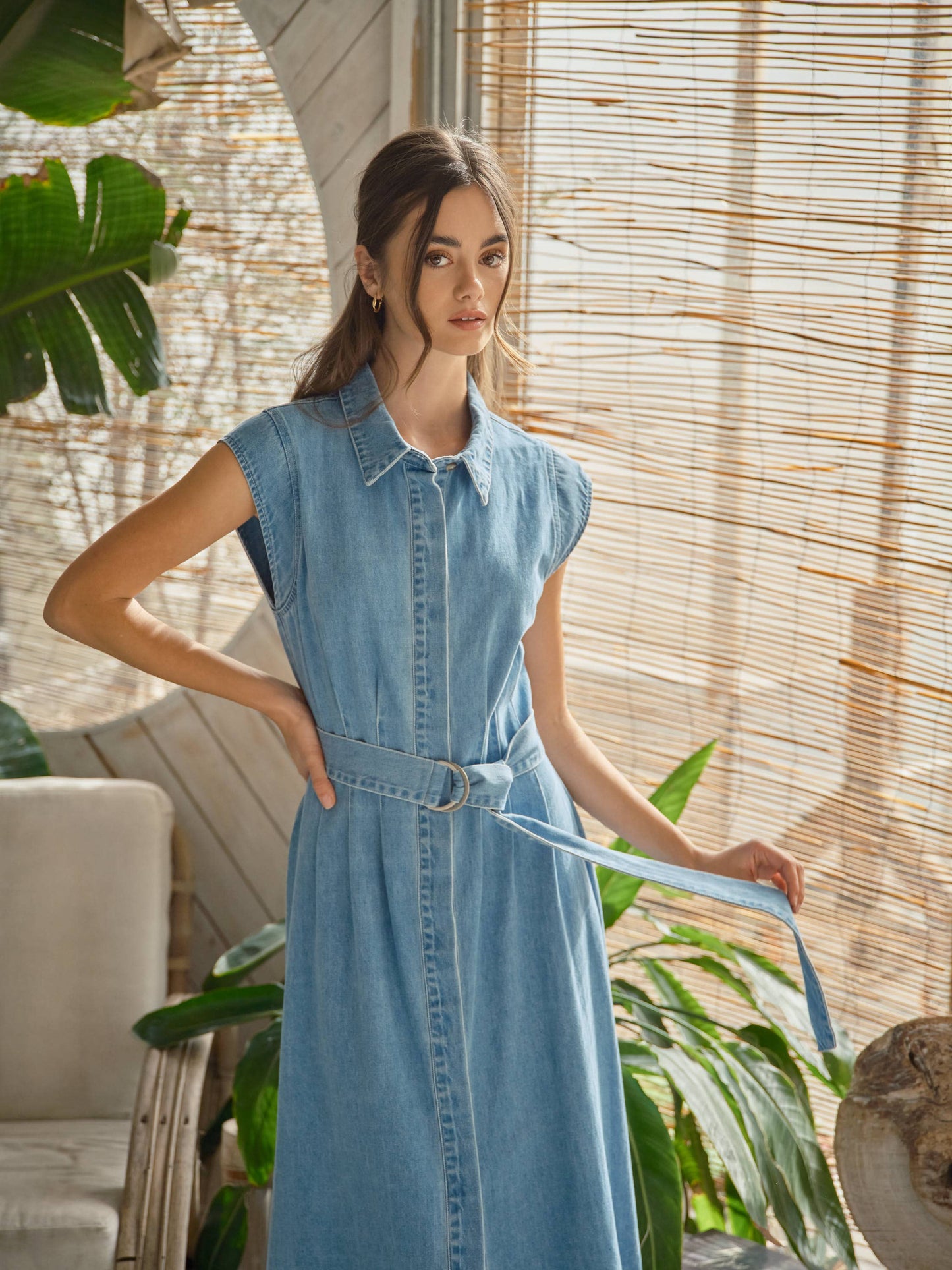 Aaron & Amber - AJD5696 CAP SLEEVE BELTED BUTTON DOWN MIDI DRESS