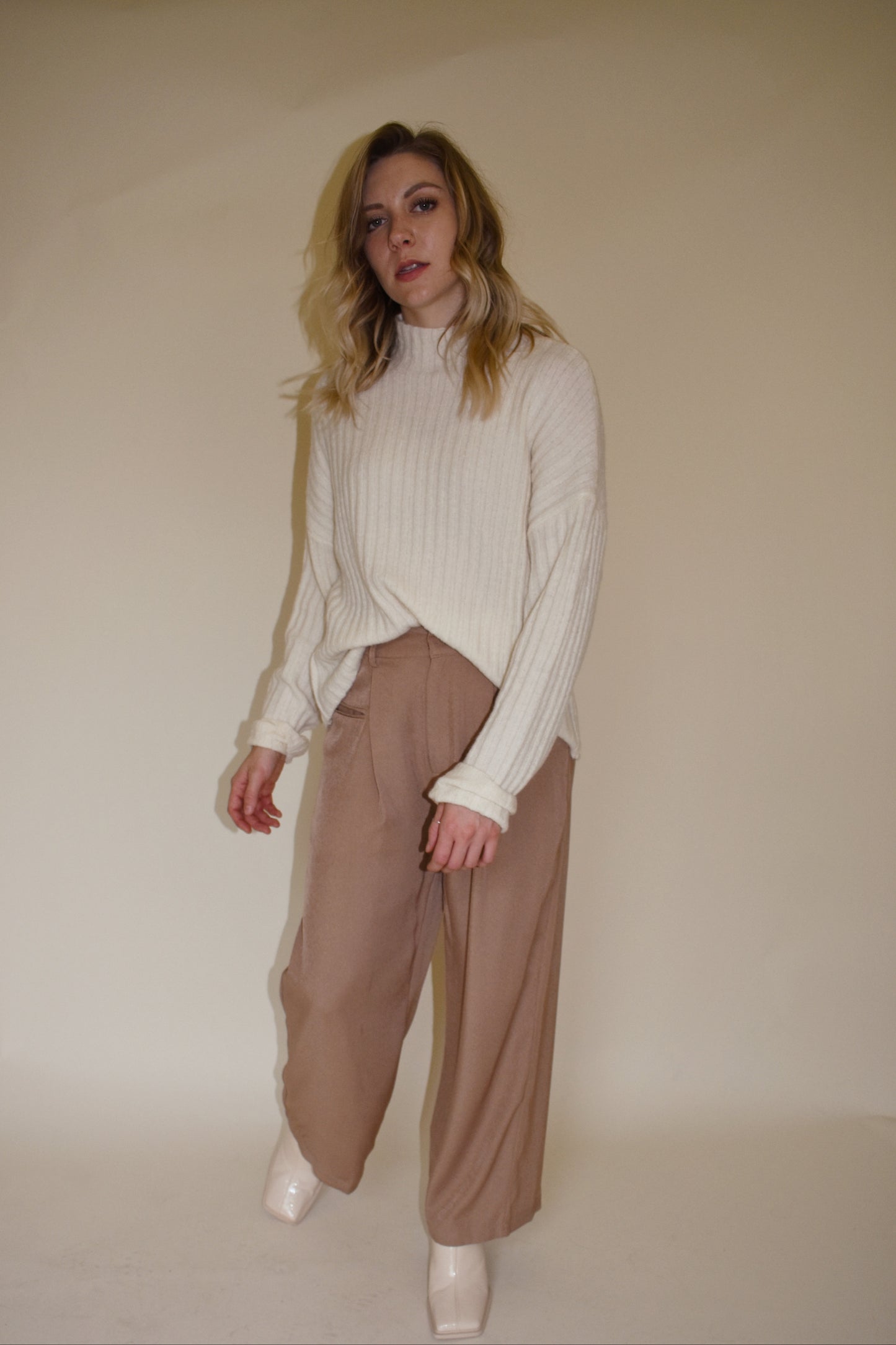 slightly oversized ribbed sweater with mock neck and drop shoulders