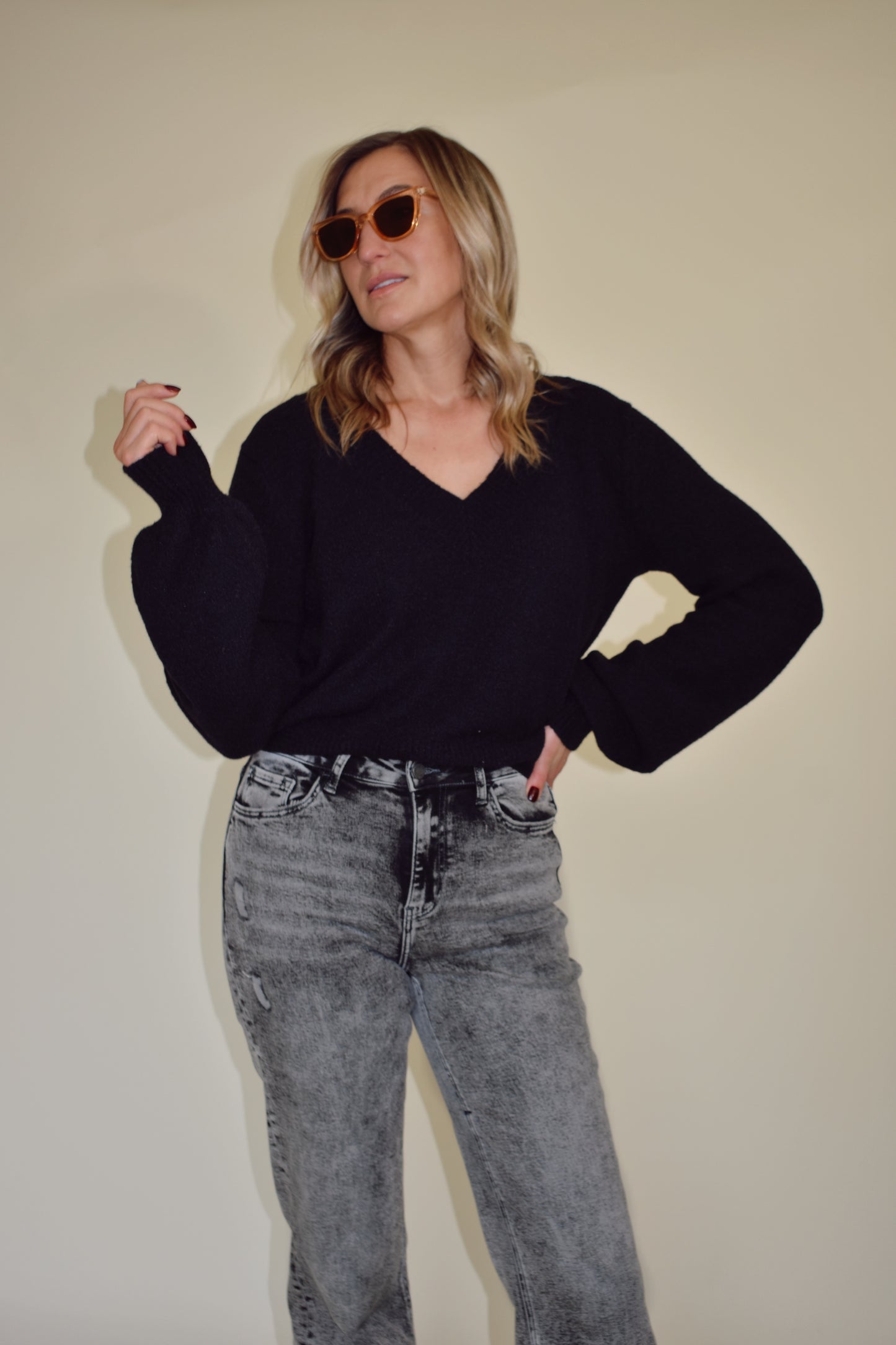 slight balloon sleeve v neck full length sweater
