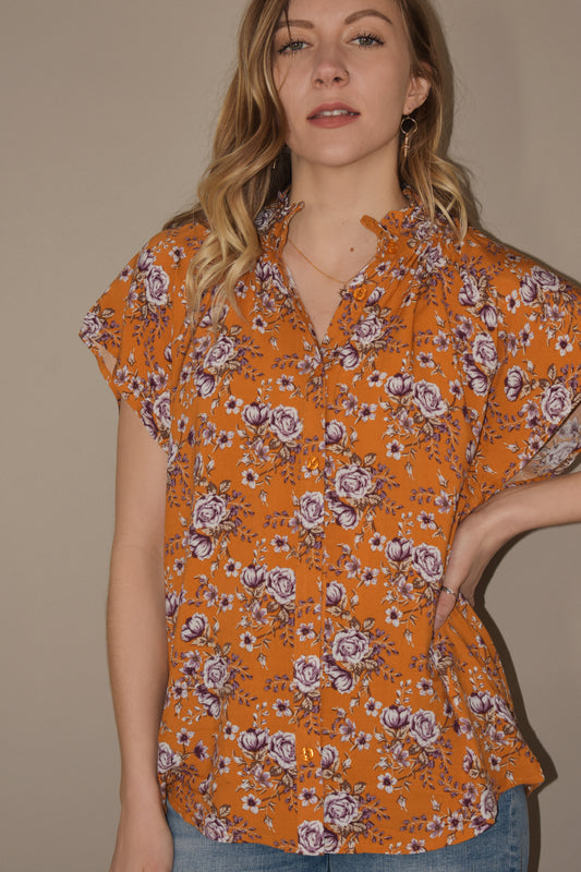 tangerine floral blouse