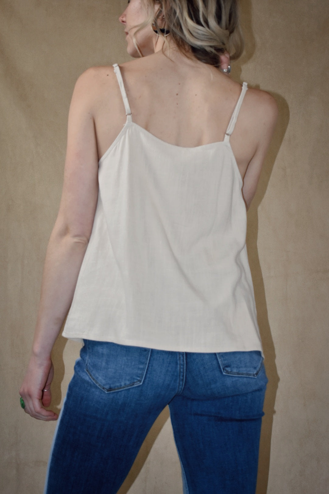 Kori America cami flowy silhouette adjustable straps button-down detailing the revival light blue beige