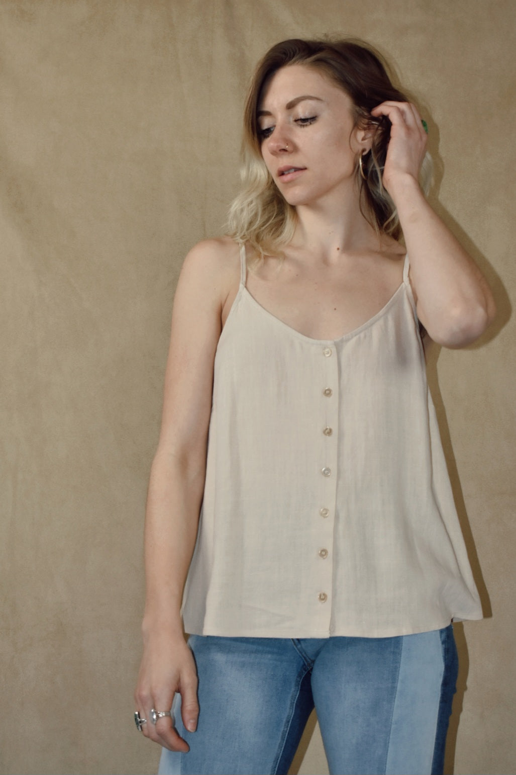 Kori America cami flowy silhouette adjustable straps button-down detailing the revival light blue beige