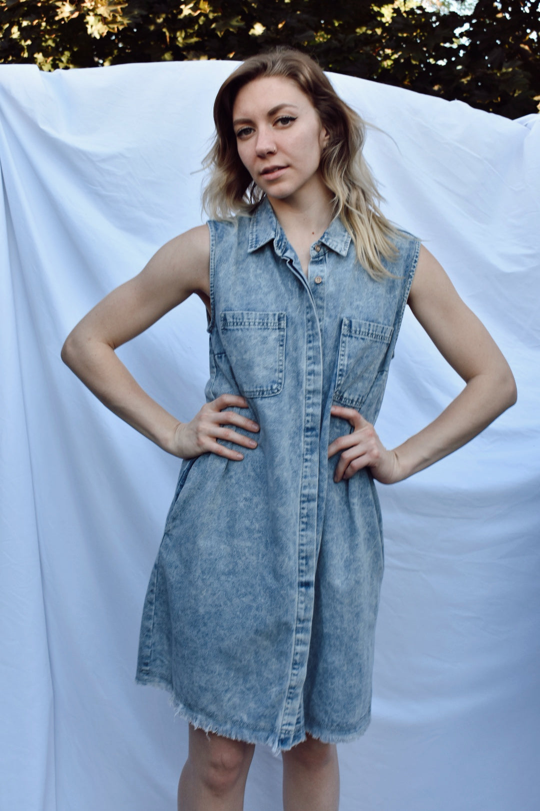 acid wash denim and raw edge frayed hem mini dress button down collar with pockets Bluivy the revival
