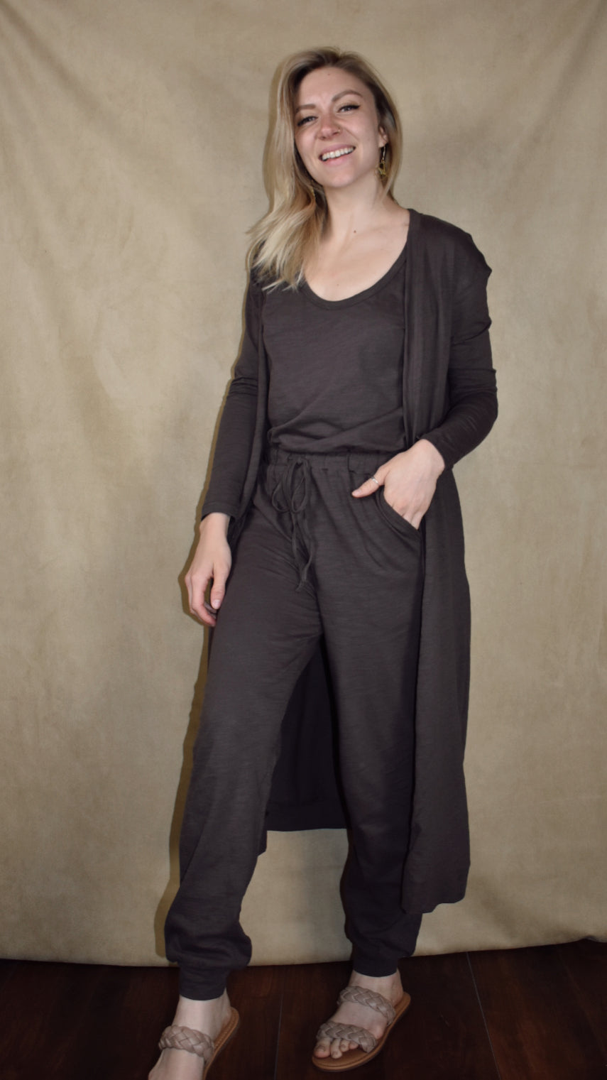 long sleeve cardigan and sleeveless jumpsuit set full length cardigan drawstring waist pockets athleisure listicle the revival