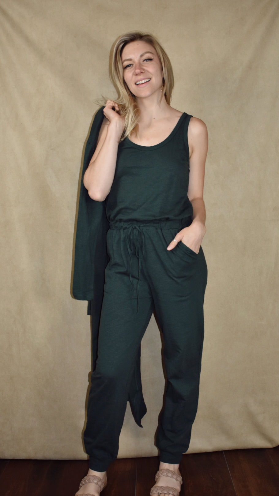 long sleeve cardigan and sleeveless jumpsuit set full length cardigan drawstring waist pockets athleisure listicle the revival