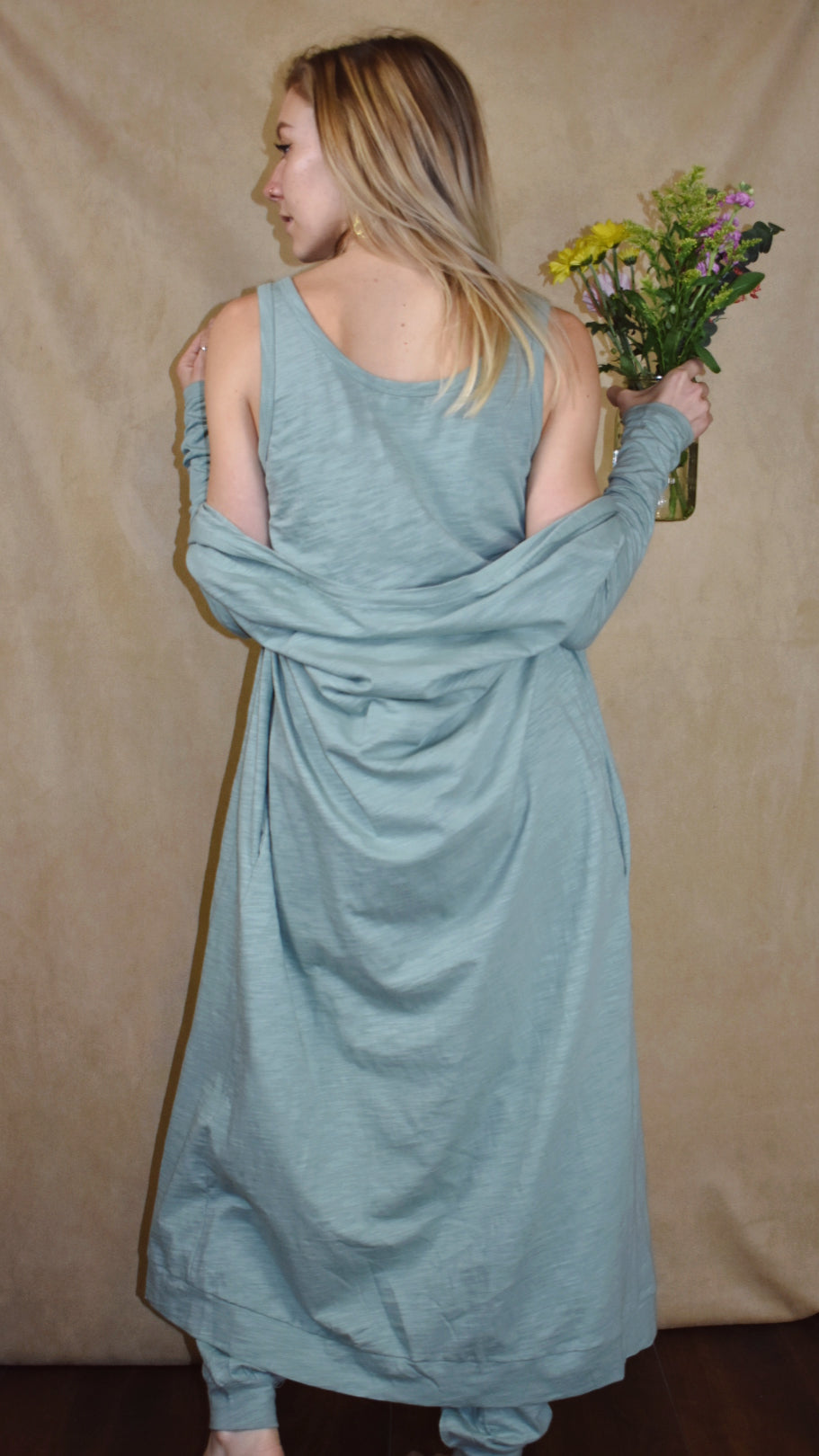 long sleeve cardigan and sleeveless jumpsuit set full length cardigan drawstring waist pockets athleisure listicle the revival
