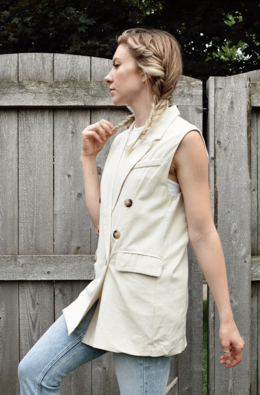 cotton double breasted blazer vest with marbled buttons full length front pockets Hyfve the revival