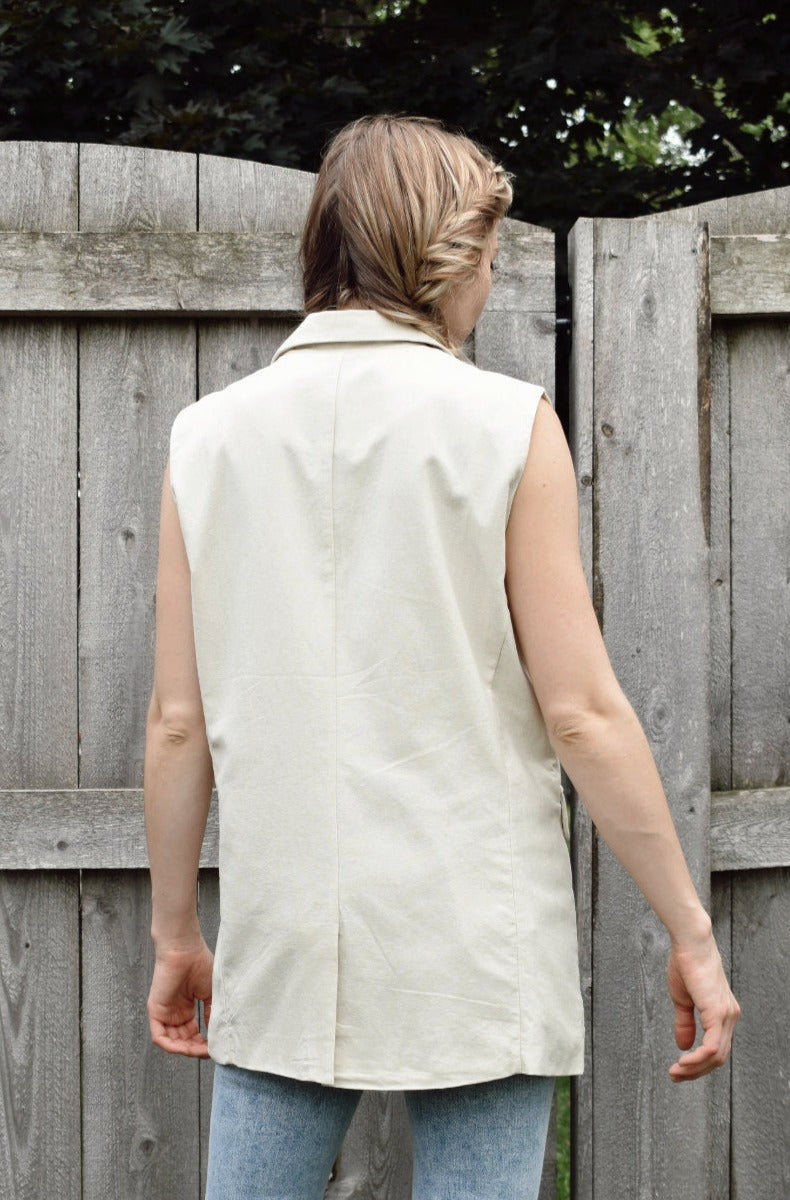 cotton double breasted blazer vest with marbled buttons full length front pockets Hyfve the revival