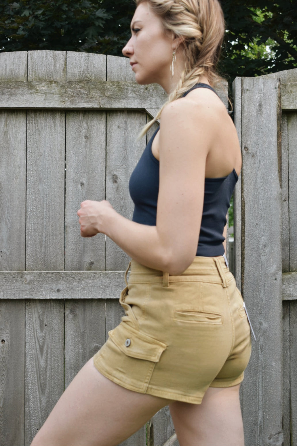 khaki cargo shorts stretch denim vervet the revival