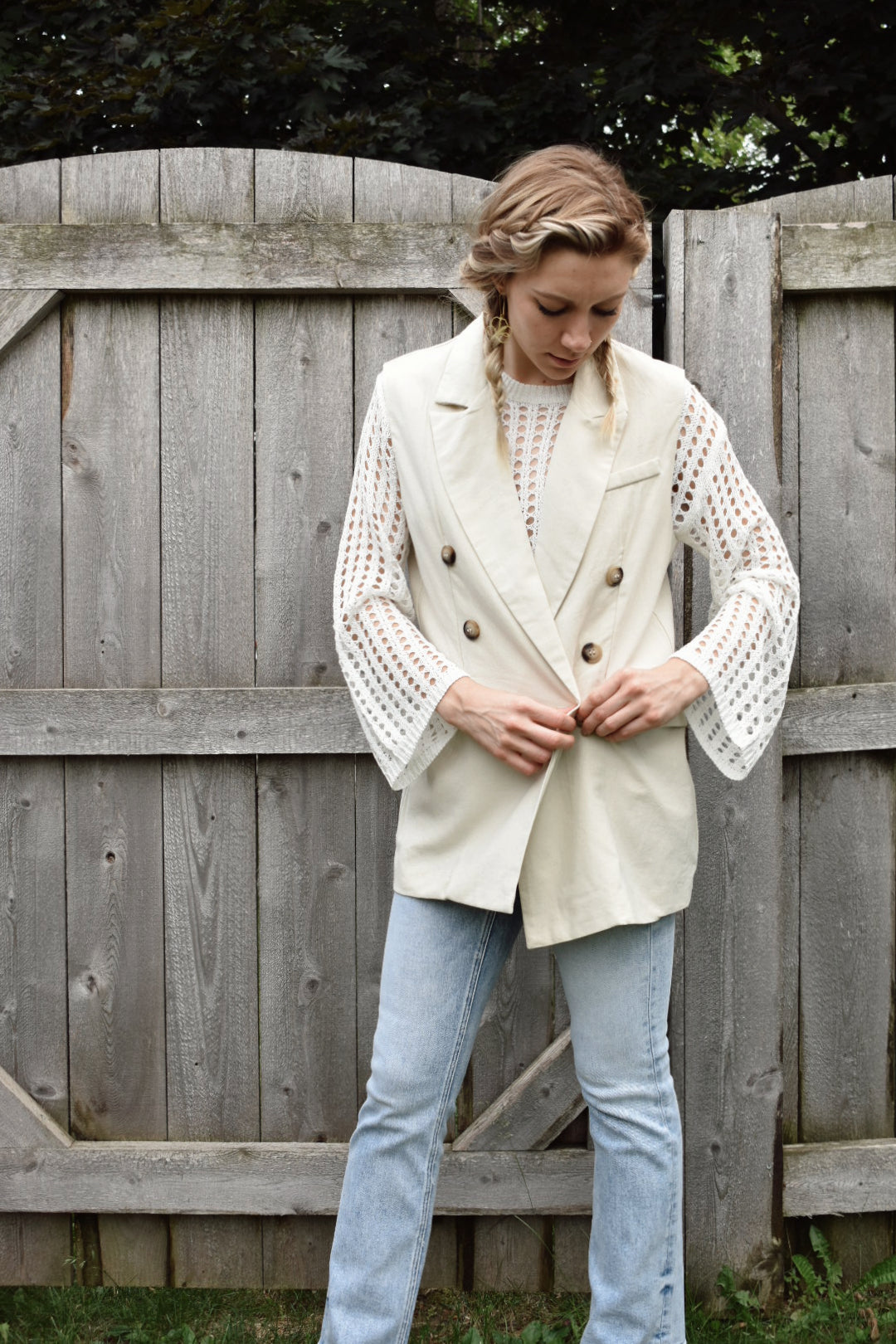 cotton double breasted blazer vest with marbled buttons full length front pockets Hyfve the revival