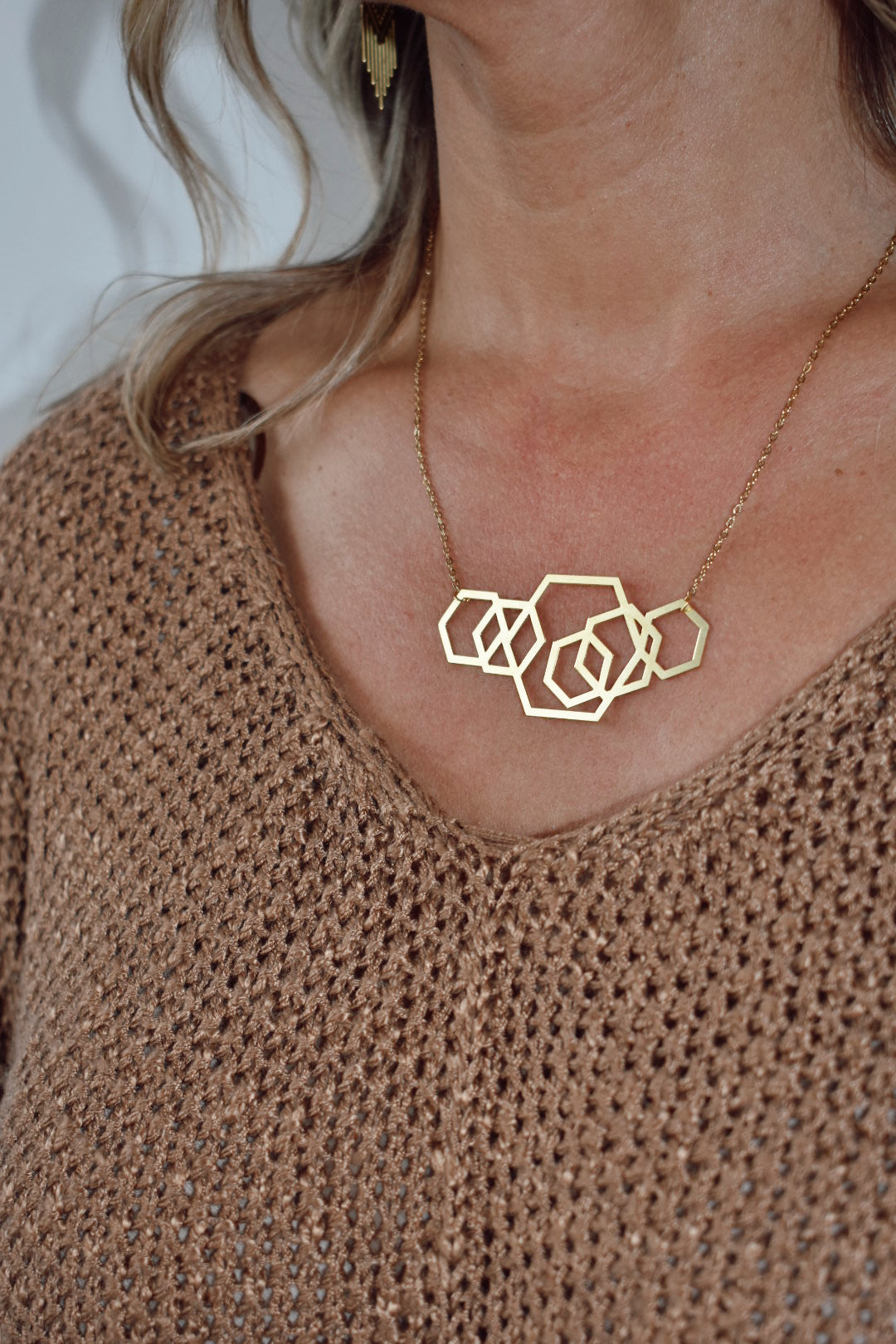 graduated hexagon laser cut brass pendant necklace 18" gold