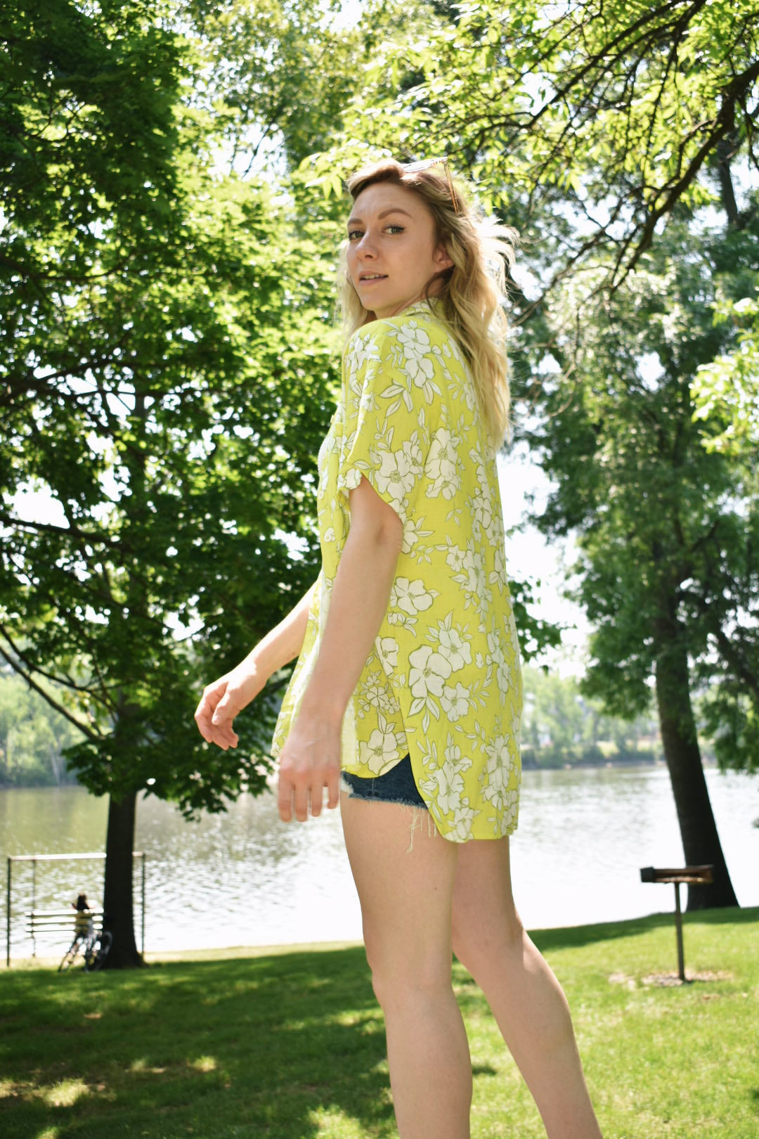 short sleeve neon yellow floral button down full length flying tomato the revival