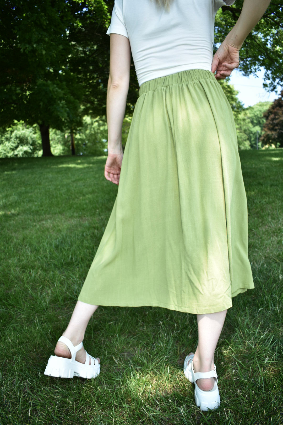 light olive green pleated linen summer midi skirt hyfve double zero us online boutique