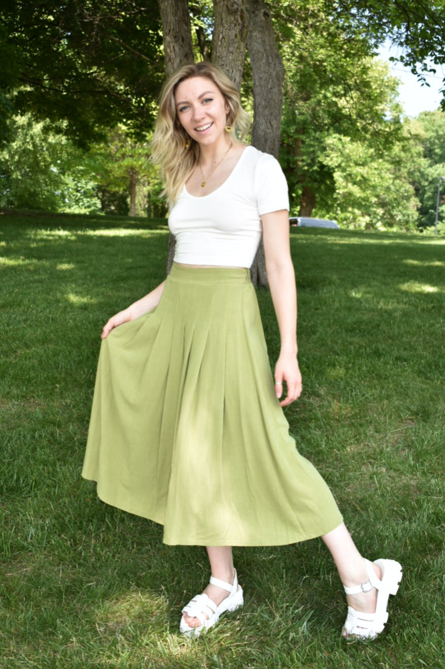 green light olive pleated linen summer midi skirt hyfve double zero us online boutique