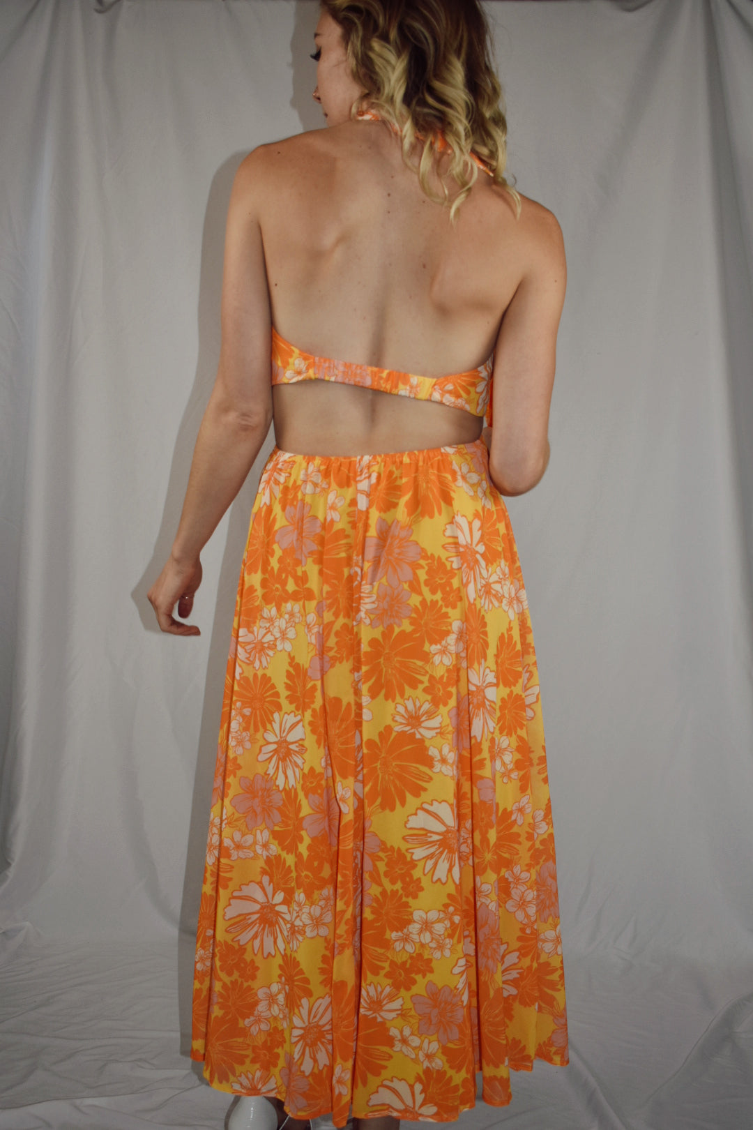 retro flower orange white yellow midi dress with halter neckline v neck cut outs on side open back flying tomato the revival