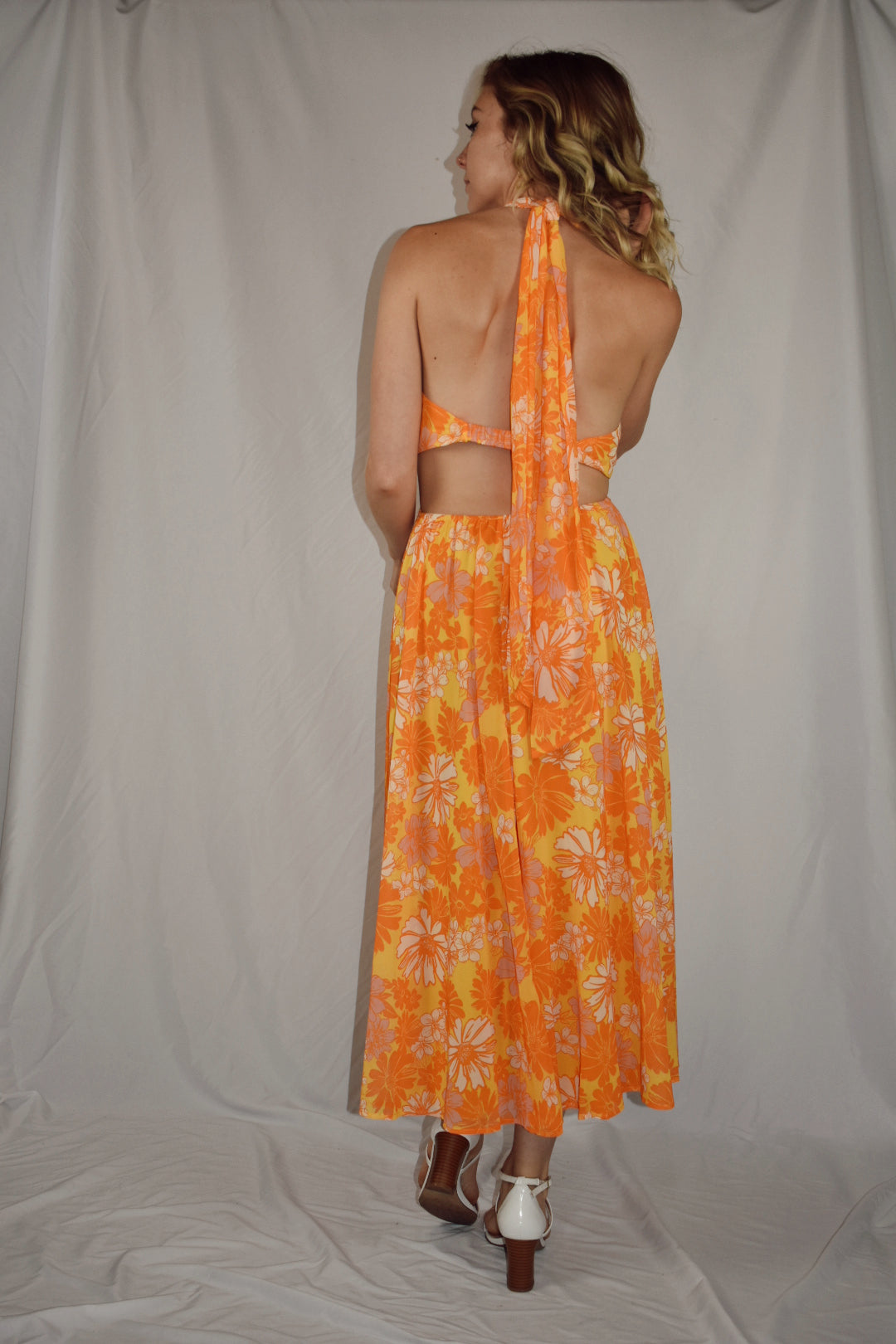 retro flower orange white yellow midi dress with halter neckline v neck cut outs on side open back flying tomato the revival