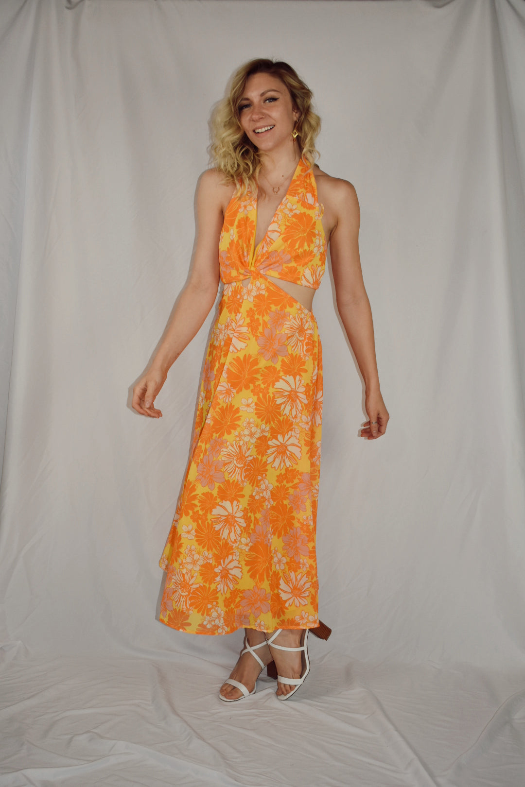 retro flower orange white yellow midi dress with halter neckline v neck cut outs on side open back flying tomato the revival