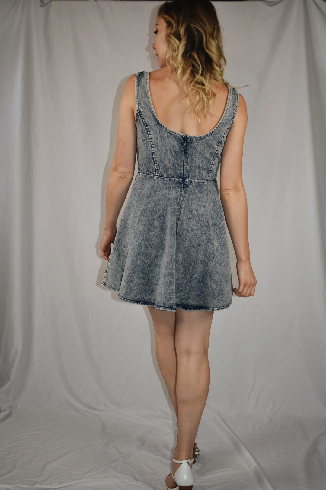 acid wash denim midi dress fit and flare zipper in front flying tomato the revival
