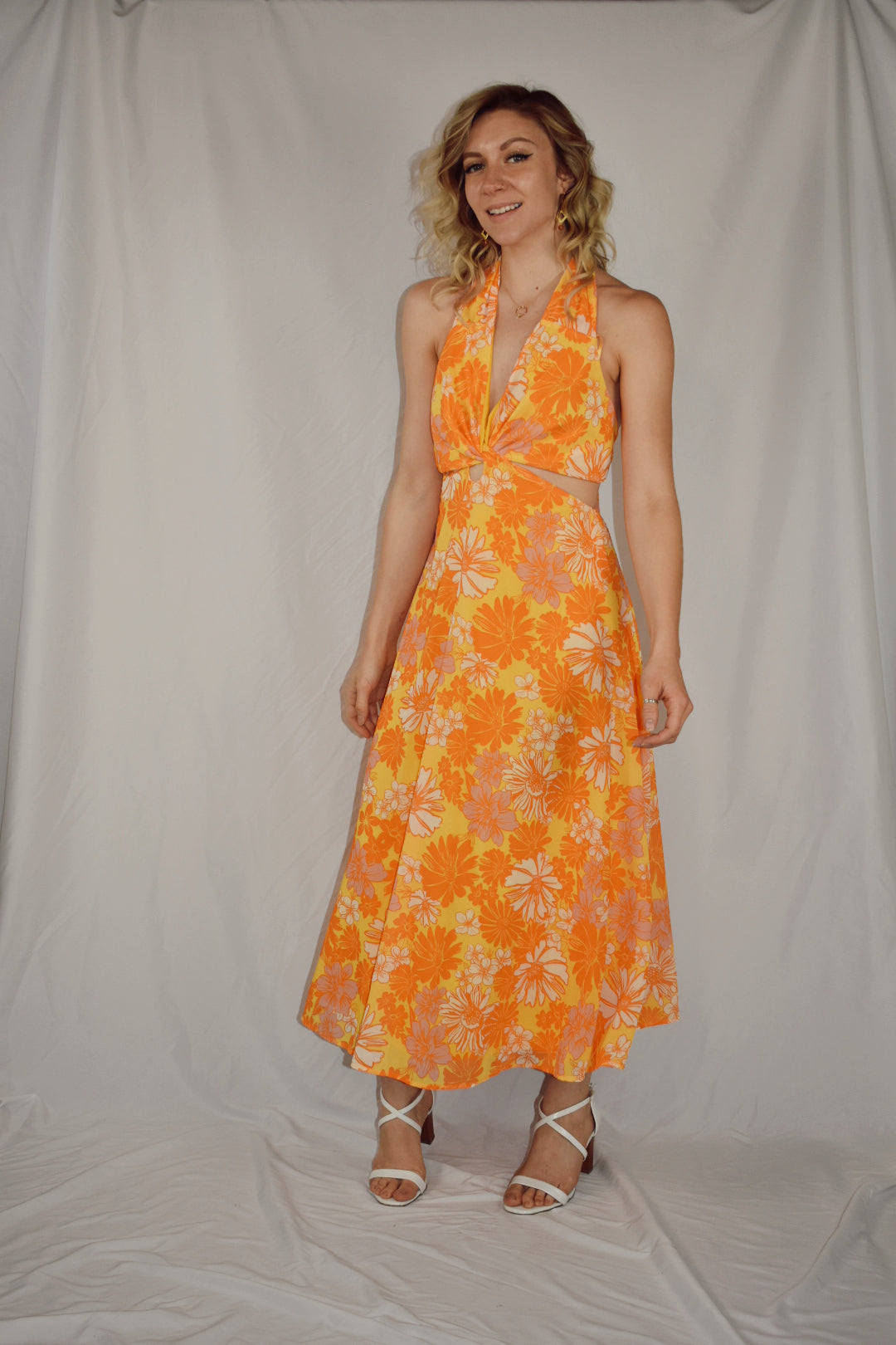 retro flower orange white yellow midi dress with halter neckline v neck cut outs on side open back flying tomato the revival