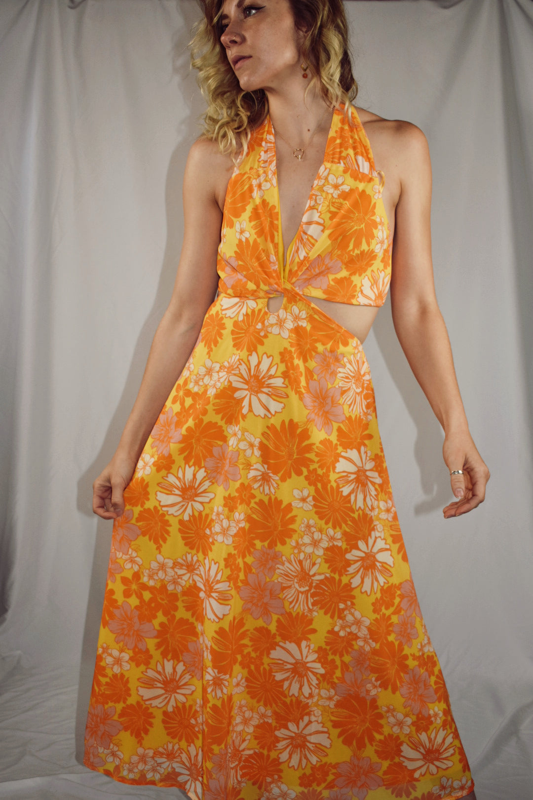 retro flower orange white yellow midi dress with halter neckline v neck cut outs on side open back flying tomato the revival