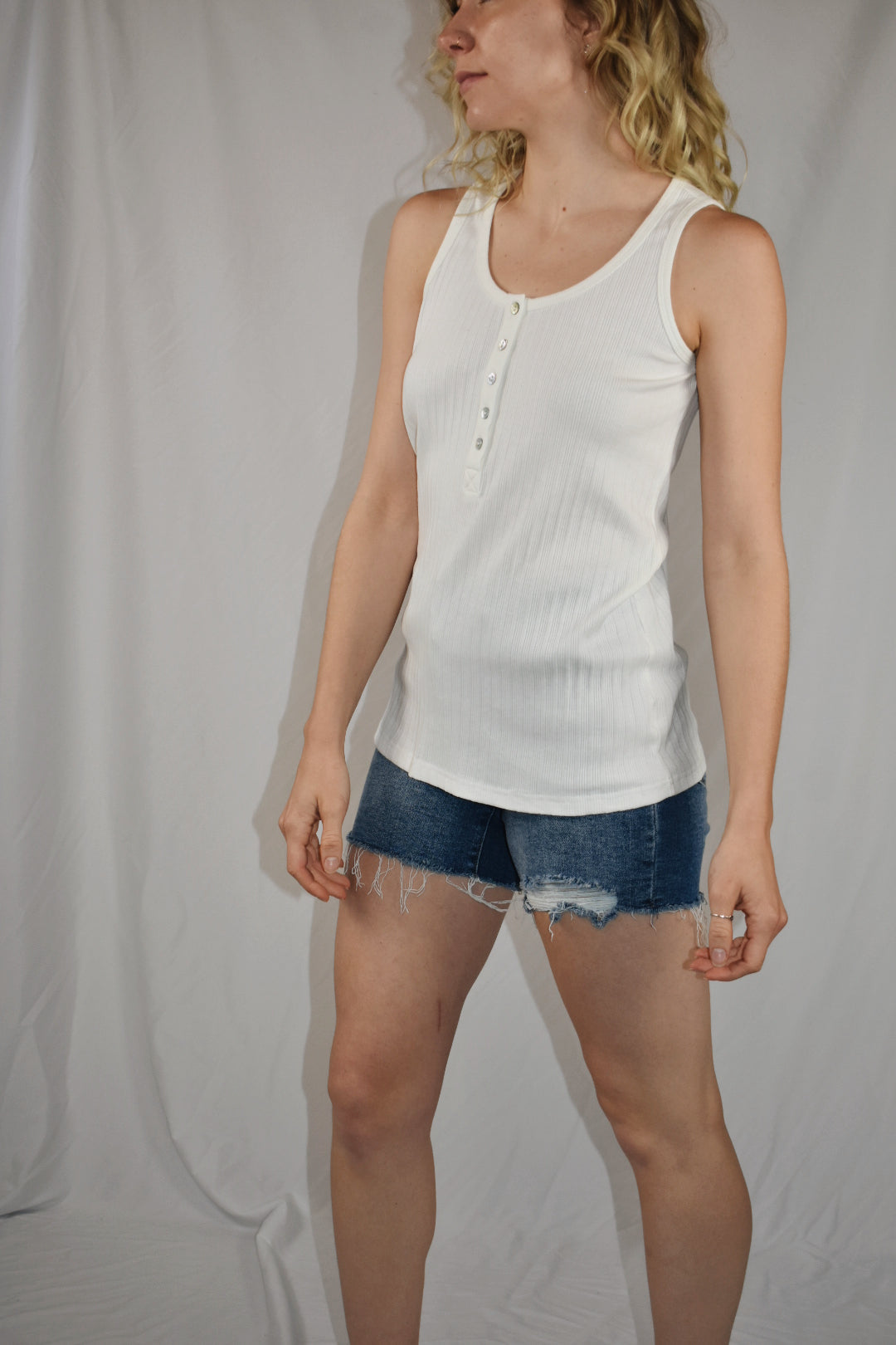 white ribbed scoop neck tank top full length buttons on front mittoshop the revival