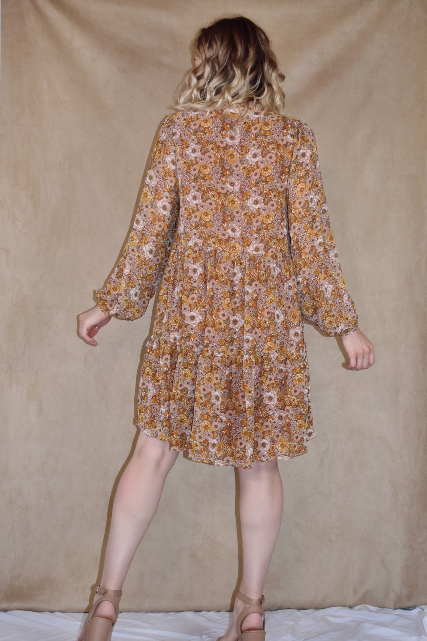 long sleeve mini dress loose fitted, vintage floral pattern, round neckline, slit front and placket with button front closure. ruffle tier skirt