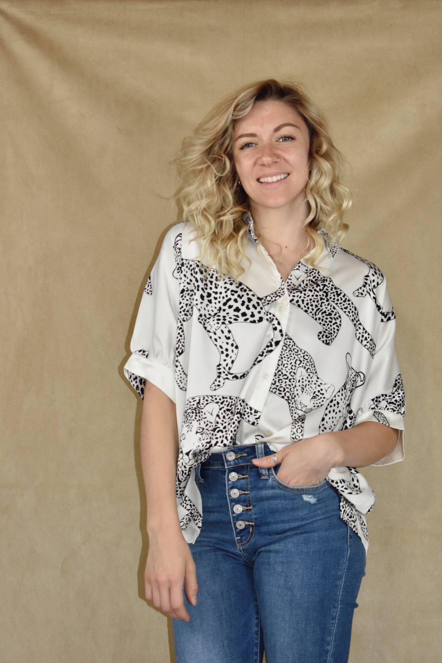 satin leopard body print button down blouse with collar and bubble dolman sleeves. oversized fit