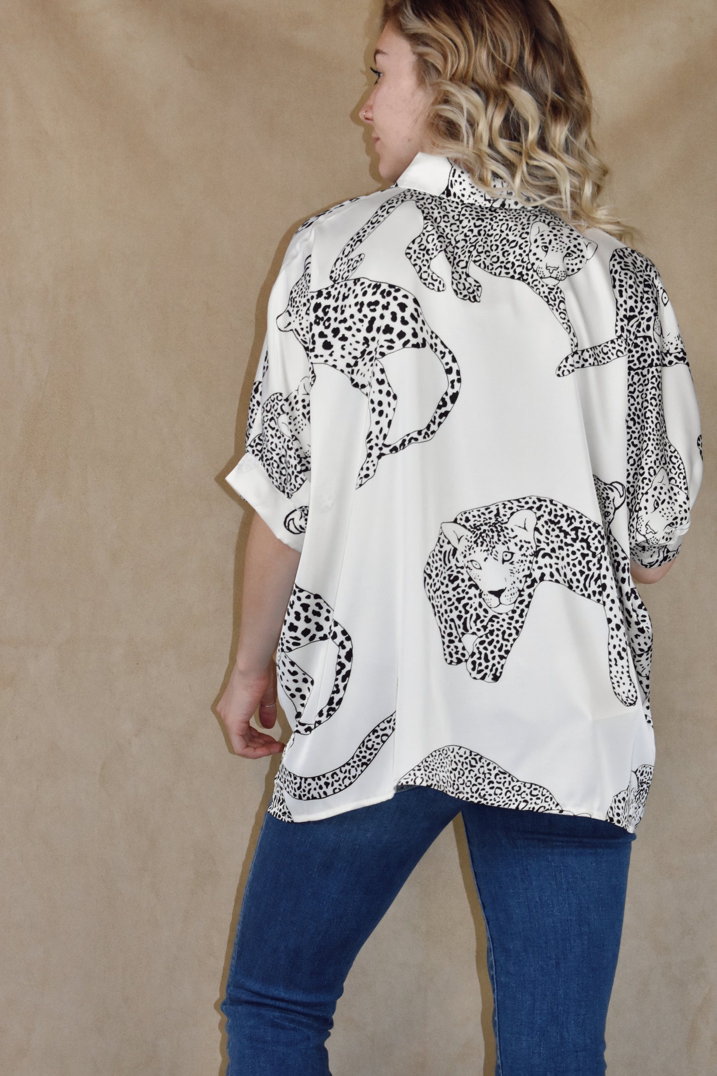 satin leopard body print button down blouse with collar and bubble dolman sleeves. oversized fit