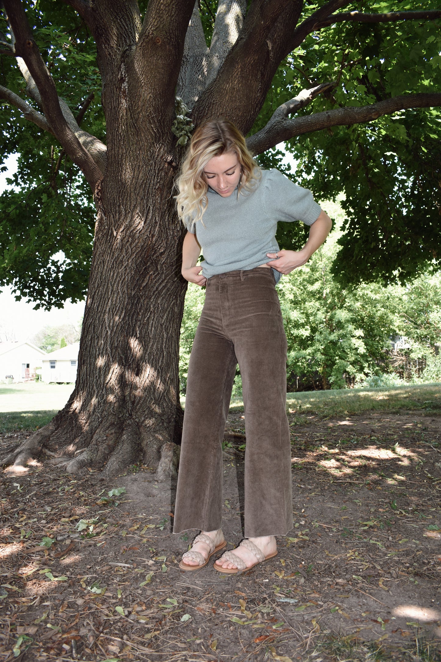 High waisted brown corduroy pants wide leg slim fit front zip and button closure