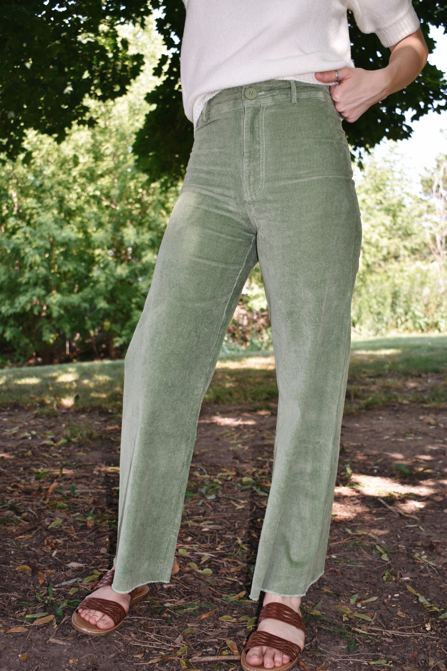 High waisted leaf green corduroy pants wide leg slim fit front zip and button closure