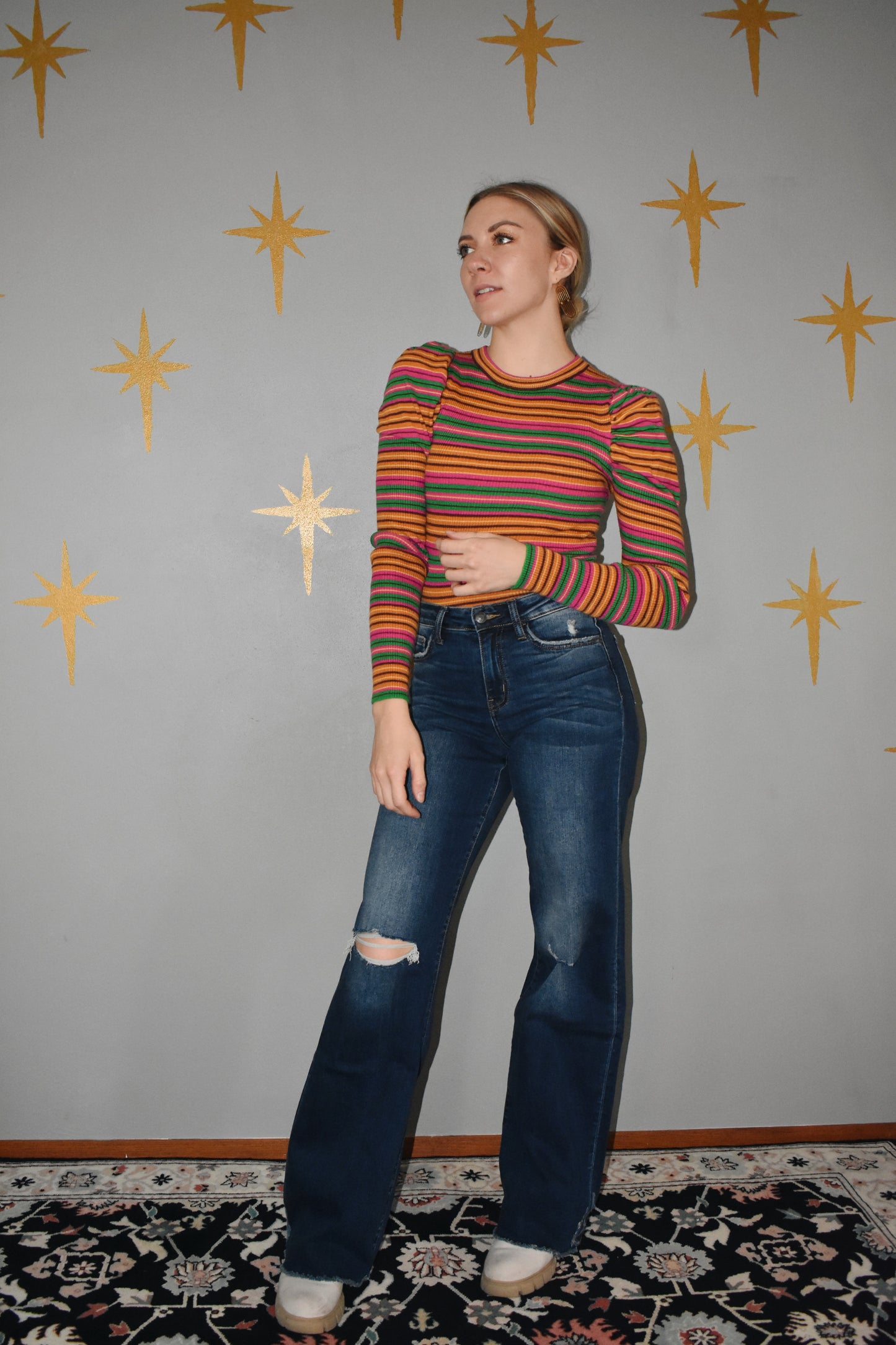 vintage style multicolored striped shirt with long puff sleeves fitted round neckline