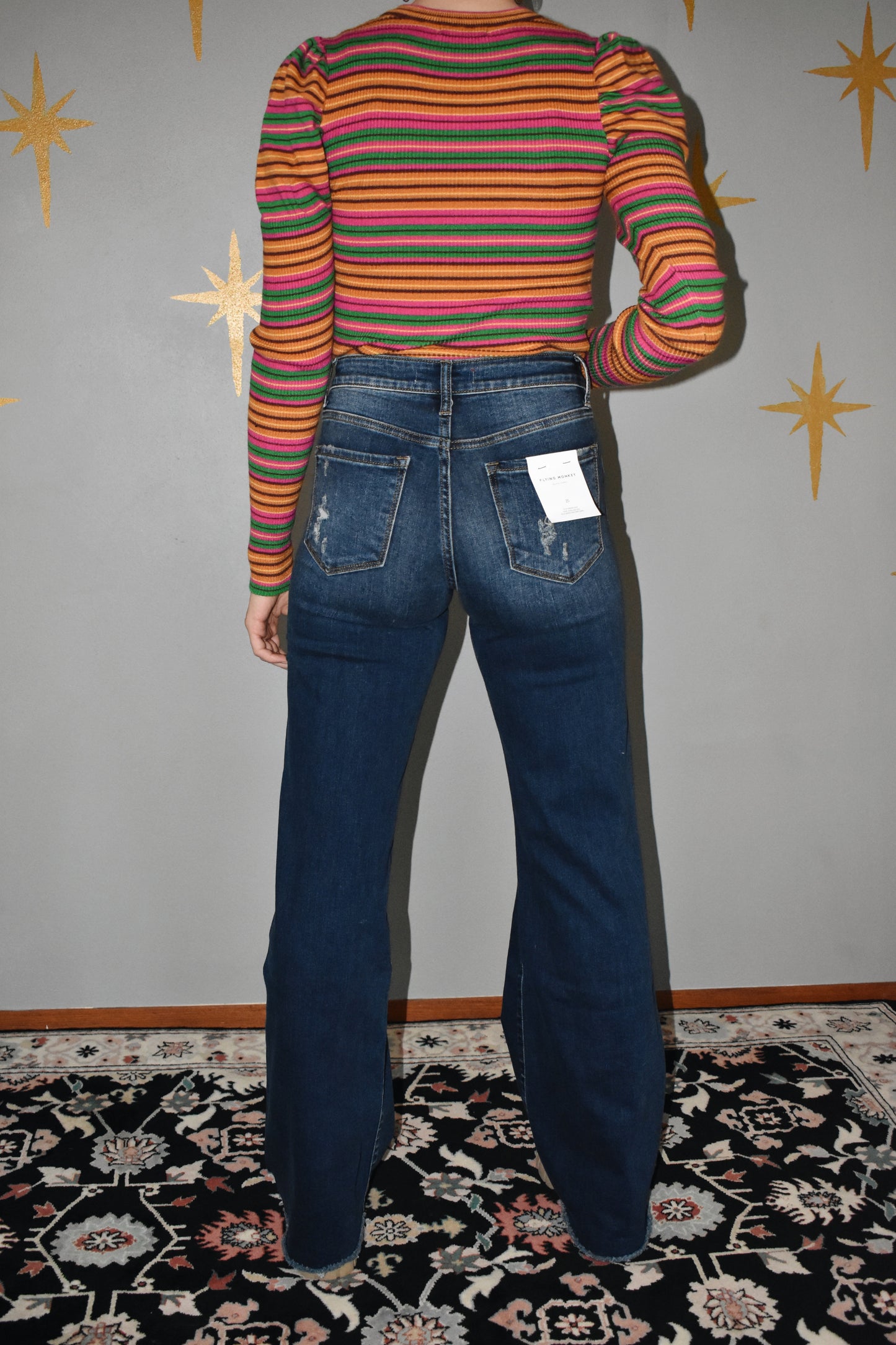 Wide leg stretch denim dark wash jeans lightly distressed raw hem high waisted flying monkey