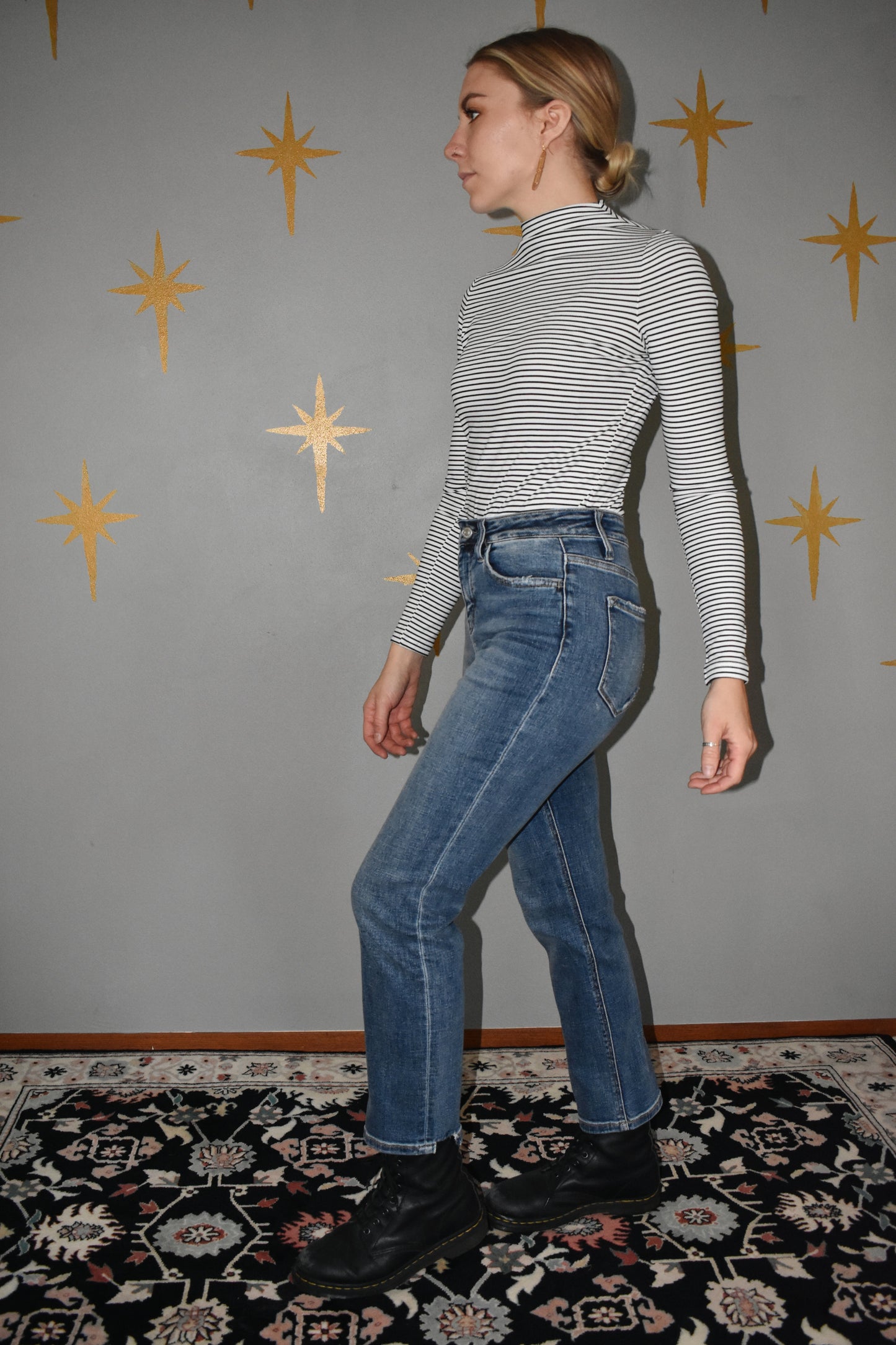 high rise ankle straights stretch denim medium wash no holes distressed detail