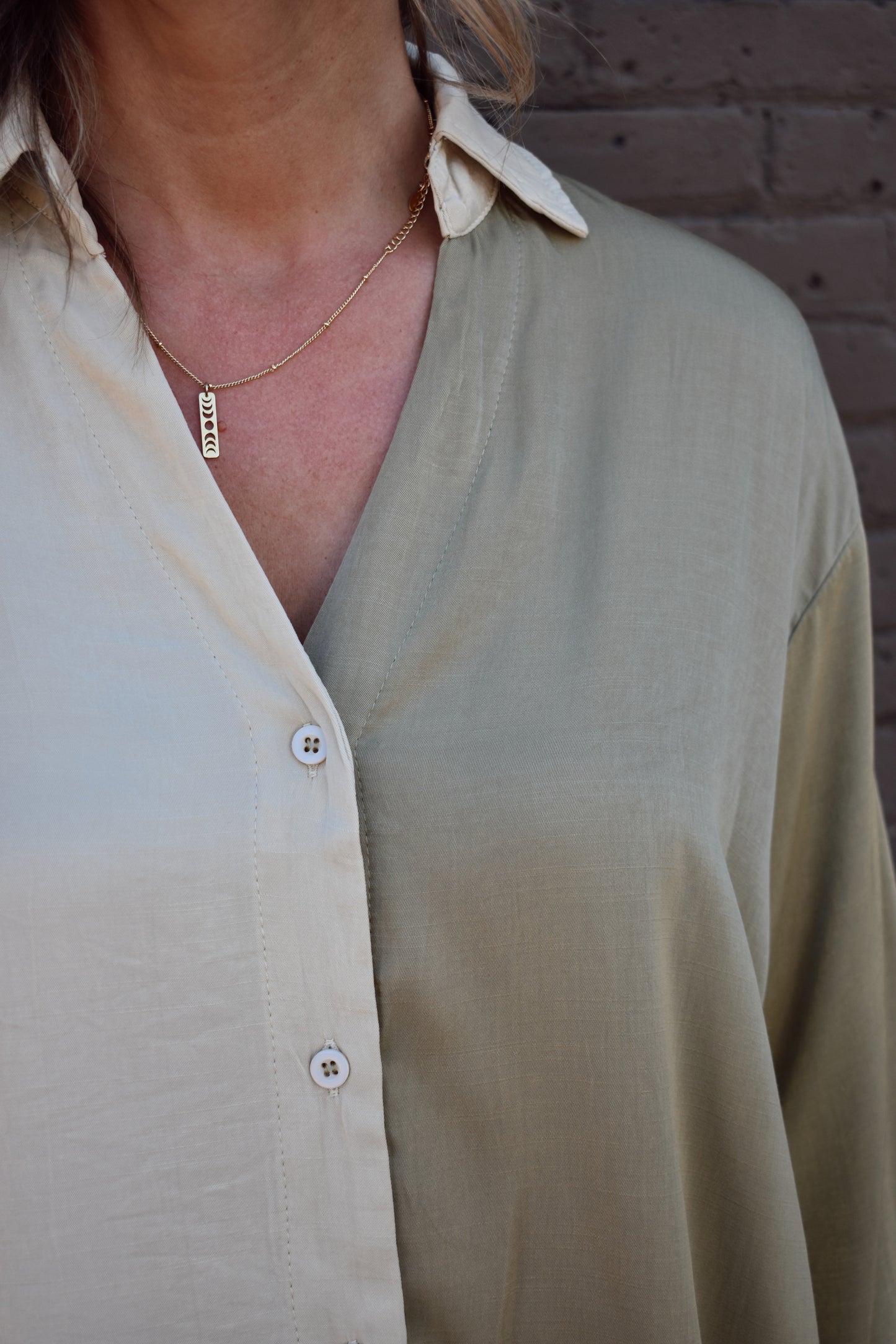 chic button down full length oversized wide sleeves half olive half cream