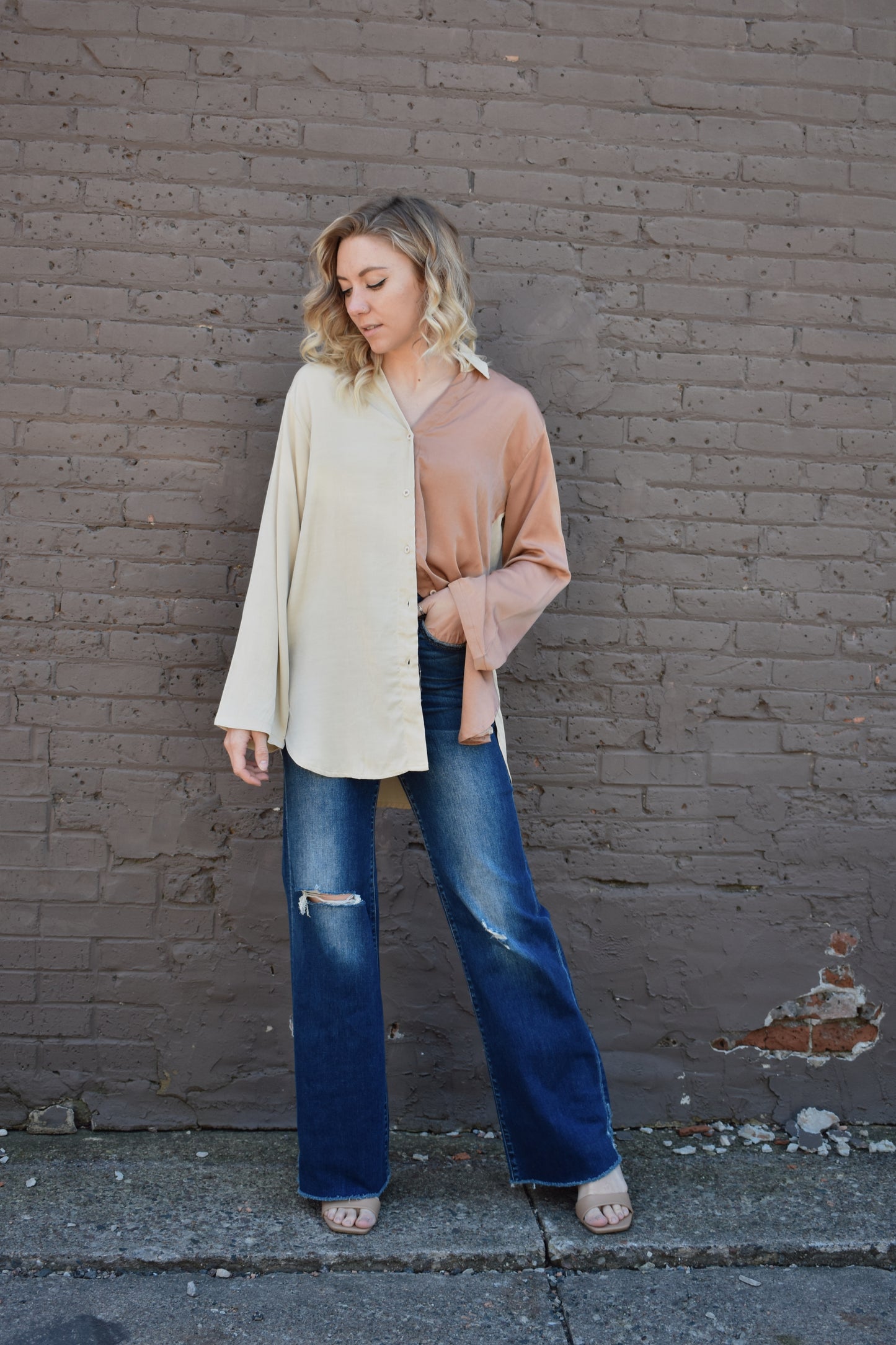chic button down full length oversized wide sleeves half mauve half cream