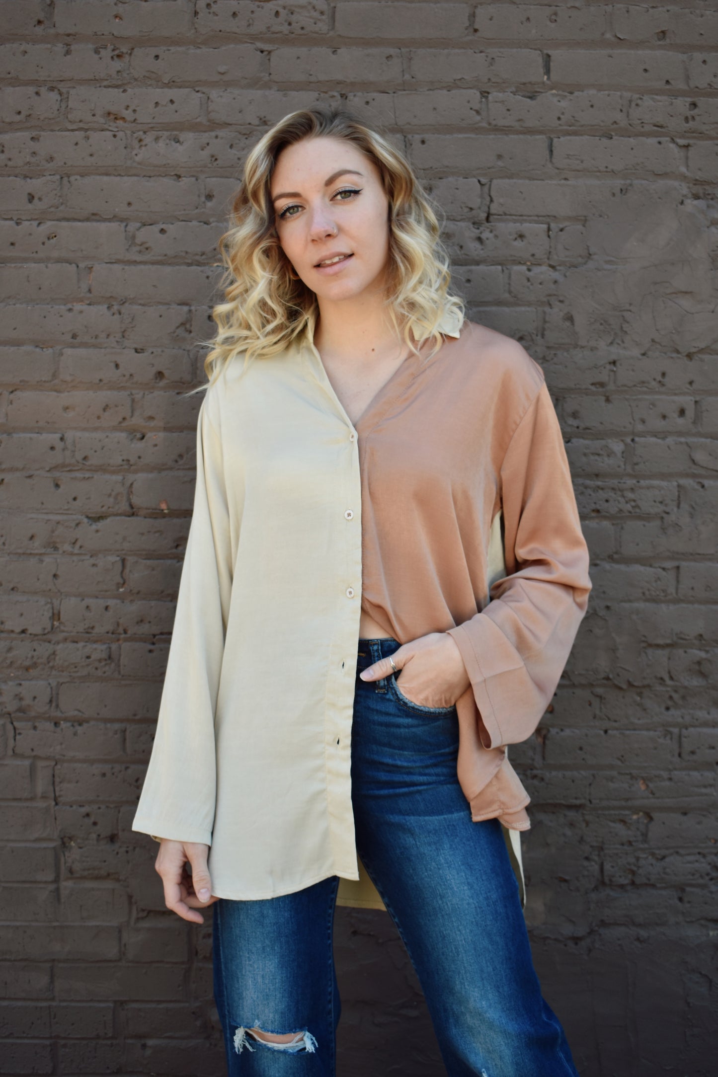 chic button down full length oversized wide sleeves half mauve half cream