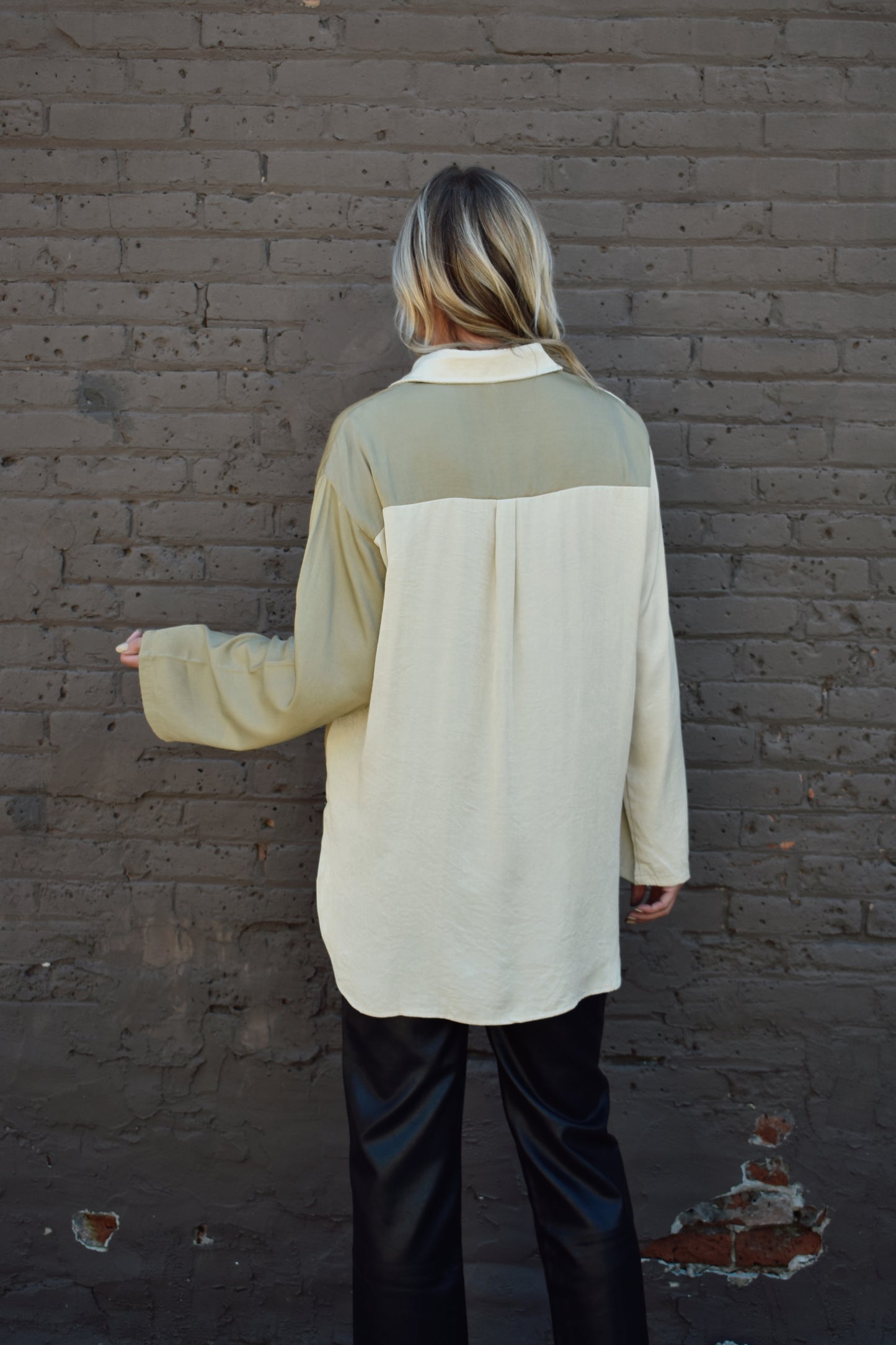 chic button down full length oversized wide sleeves half olive half cream