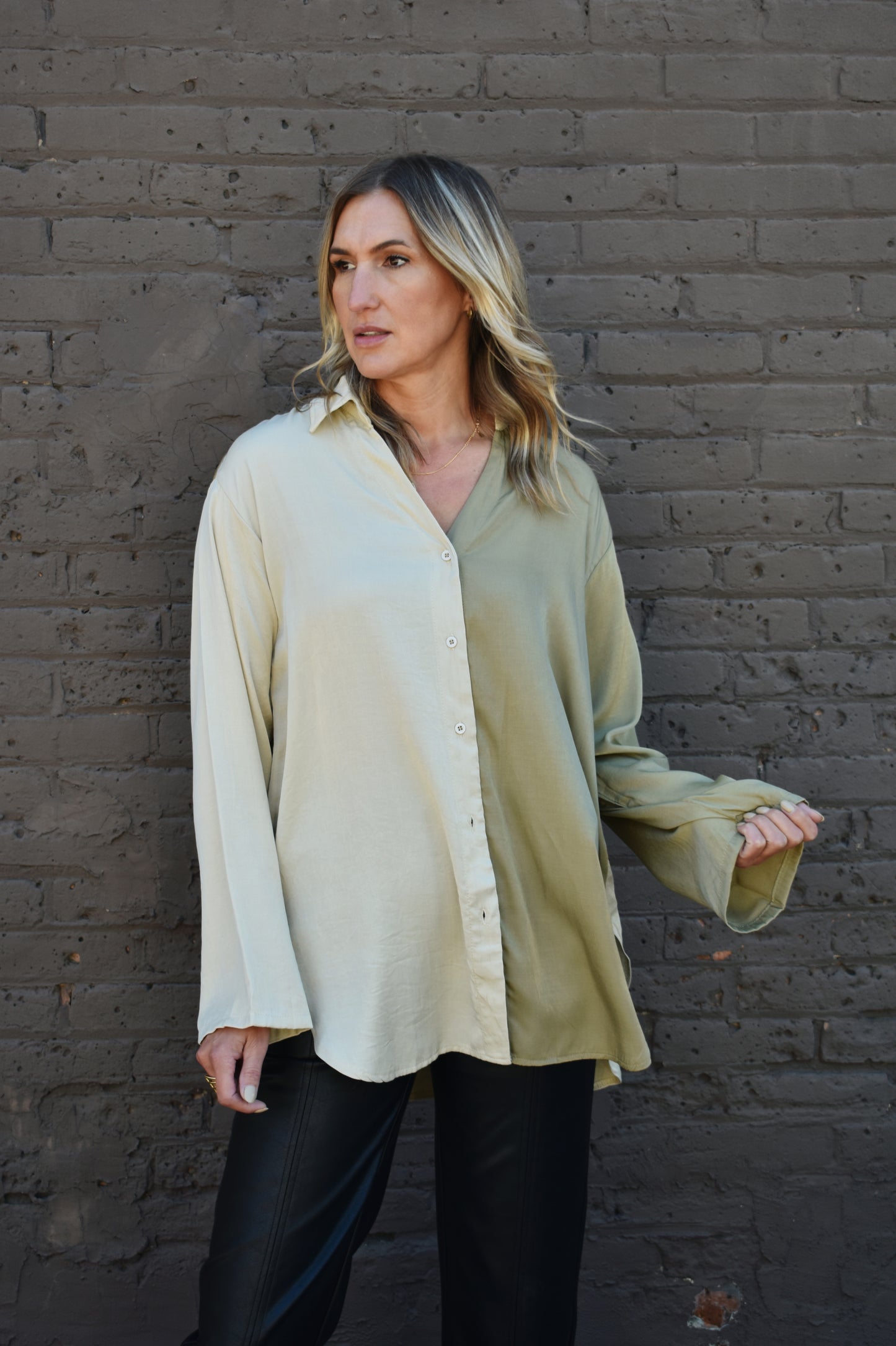 chic button down full length oversized wide sleeves half olive half cream