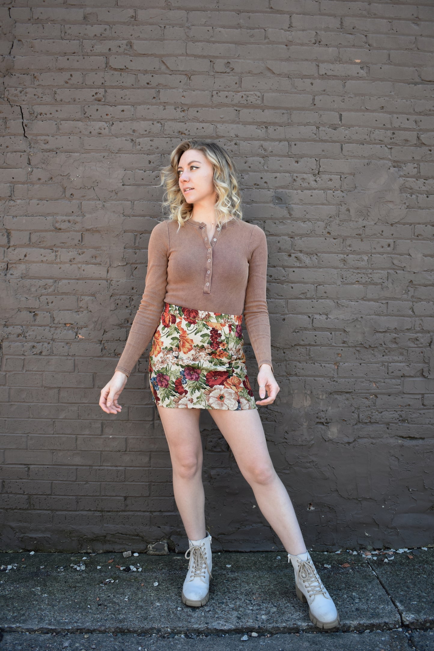 mineral washed light brown henley style bodysuit ribbed and stretchy