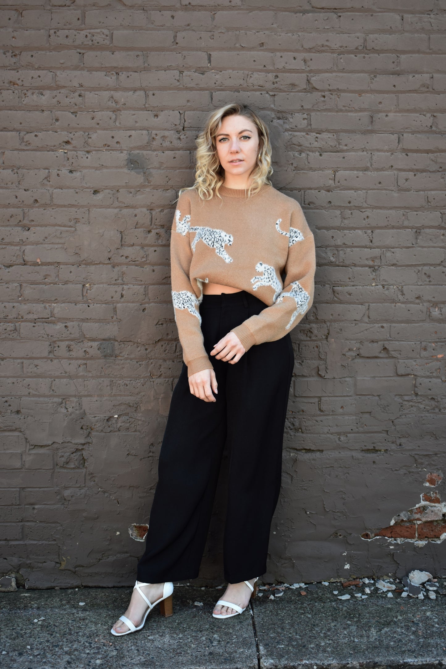 tan long sleeve relaxed fit leopard body printed sweater with ribbed crewneck and cuffs. full length.