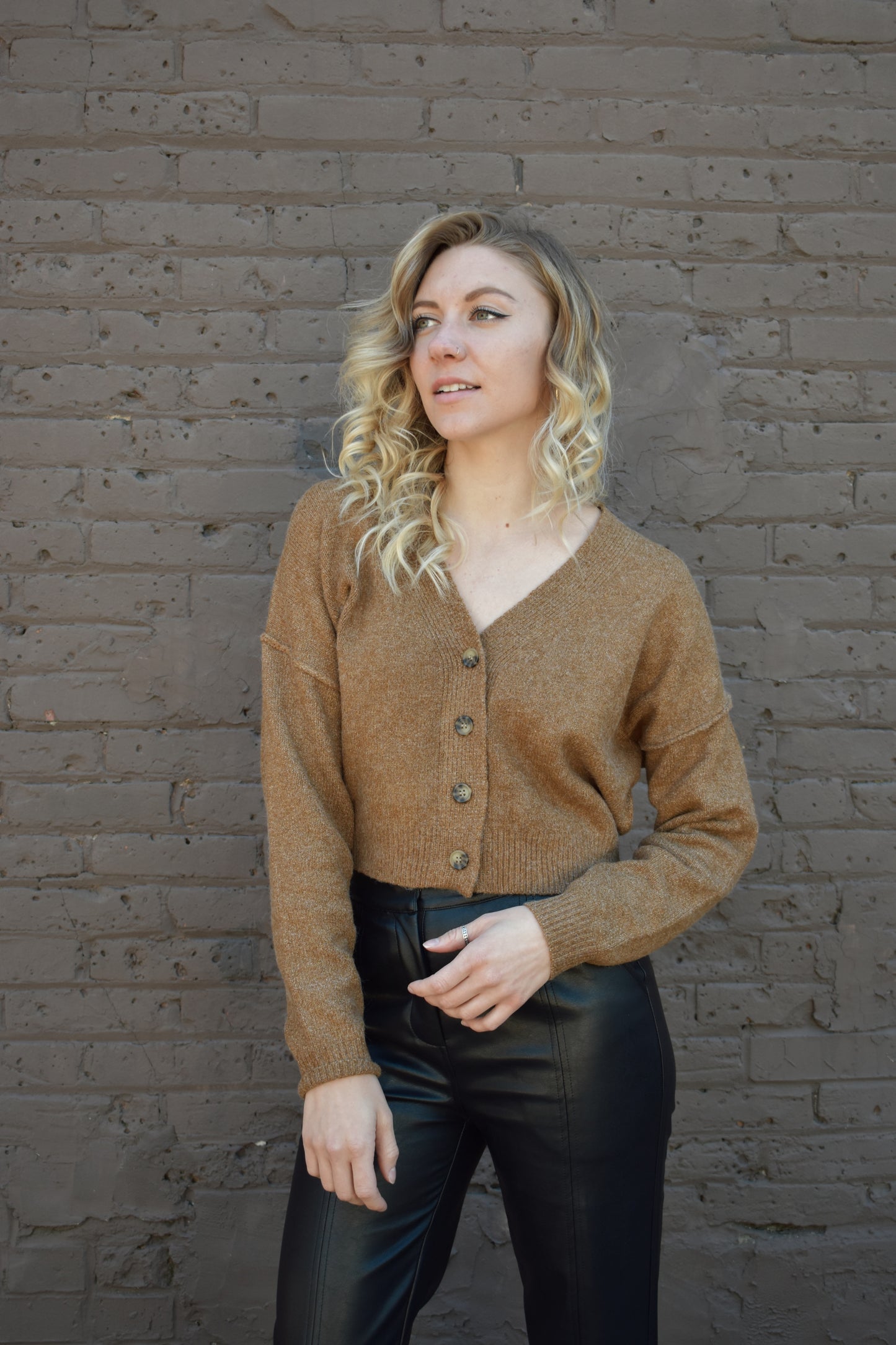 cropped v neck button front drop shoulder cardigan with ribbed cuffs and hem