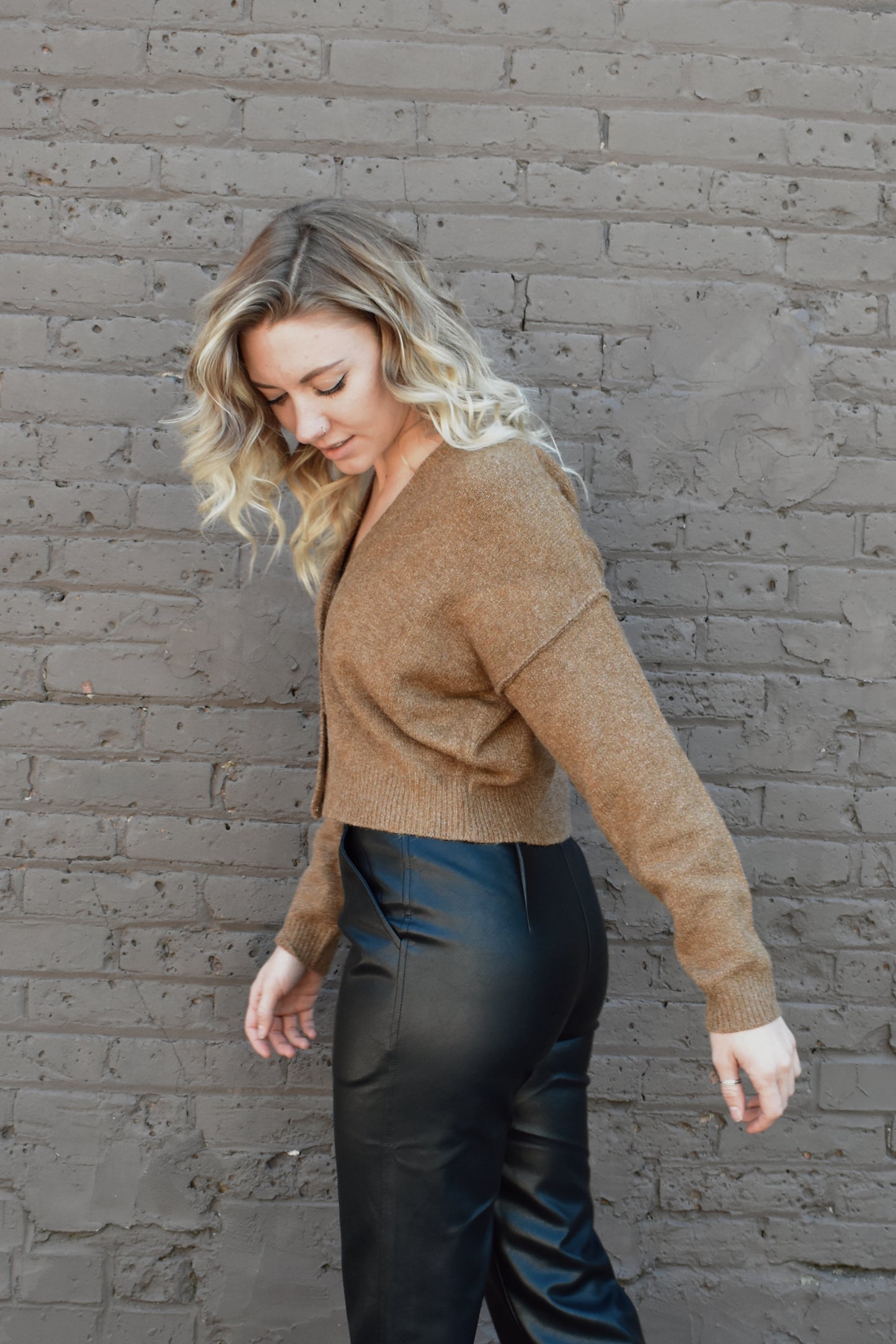 cropped v neck button front drop shoulder cardigan with ribbed cuffs and hem