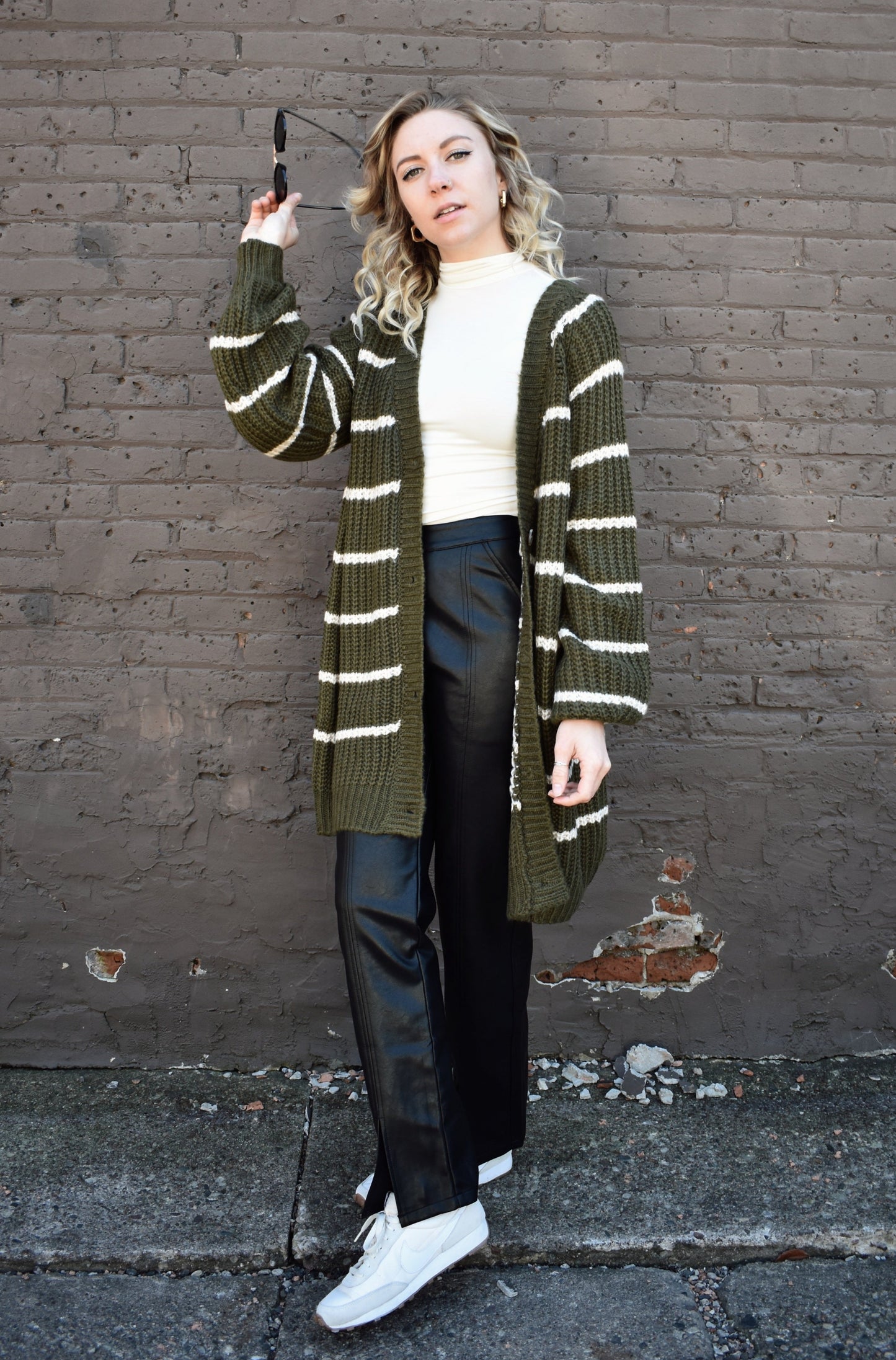 oversized long knit cardigan. olive with cream stripes. button front.