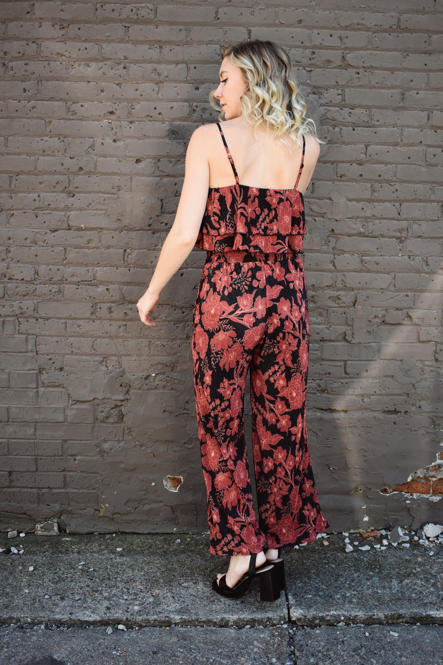 Pleated black, red and tan floral print cropped cami top (flowy) and high waisted wide leg pants set