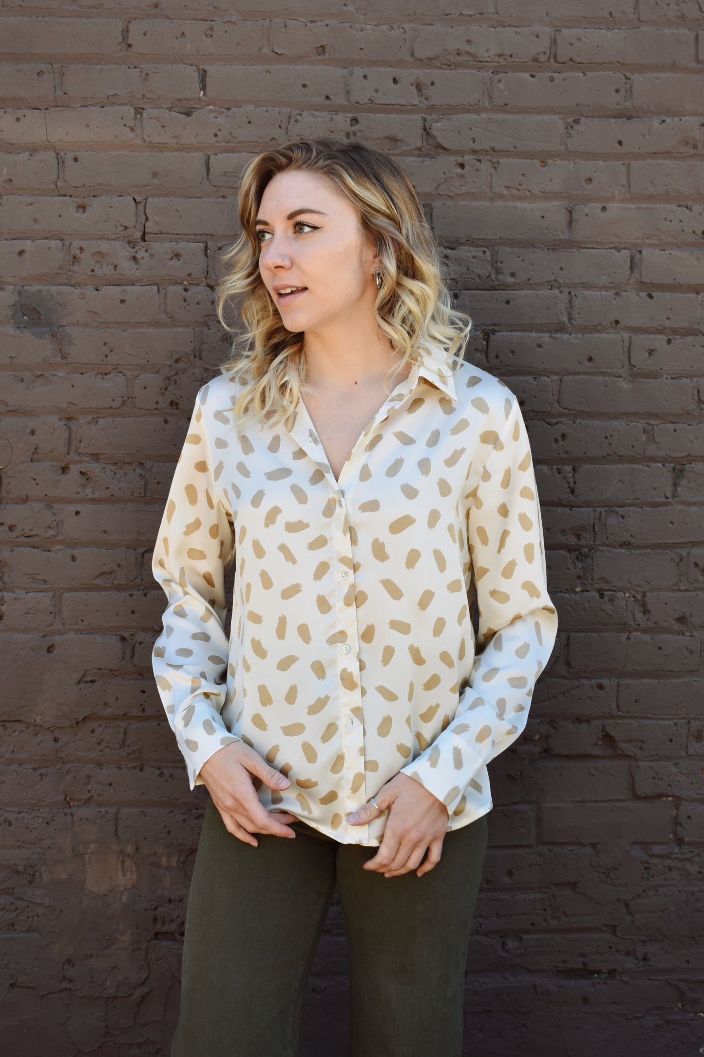 taupe and ivory brush stroke pattern on a satin long sleeve button down blouse. Full length, button cuffs, crisp collar.