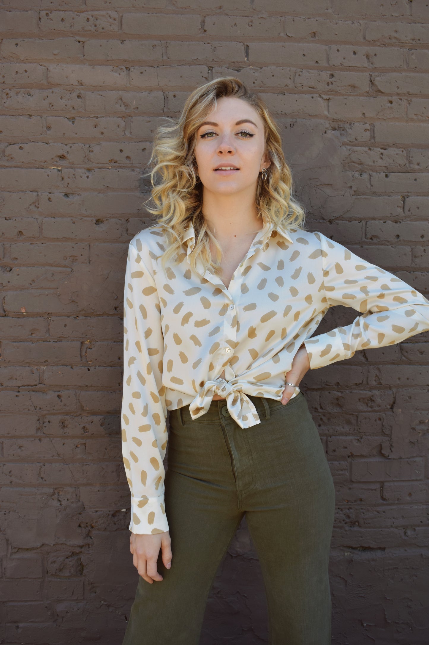taupe and ivory brush stroke pattern on a satin long sleeve button down blouse. Full length, button cuffs, crisp collar.